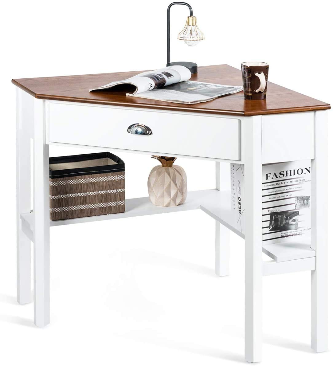 Compact Wooden Corner Desk for Small Spaces - Home Office Computer Desk with Drawer & Storage Shelves, Space-Saving Study Workstation for Laptop & PC - Perfect for Apartments, Dorms & Cozy Home Offices