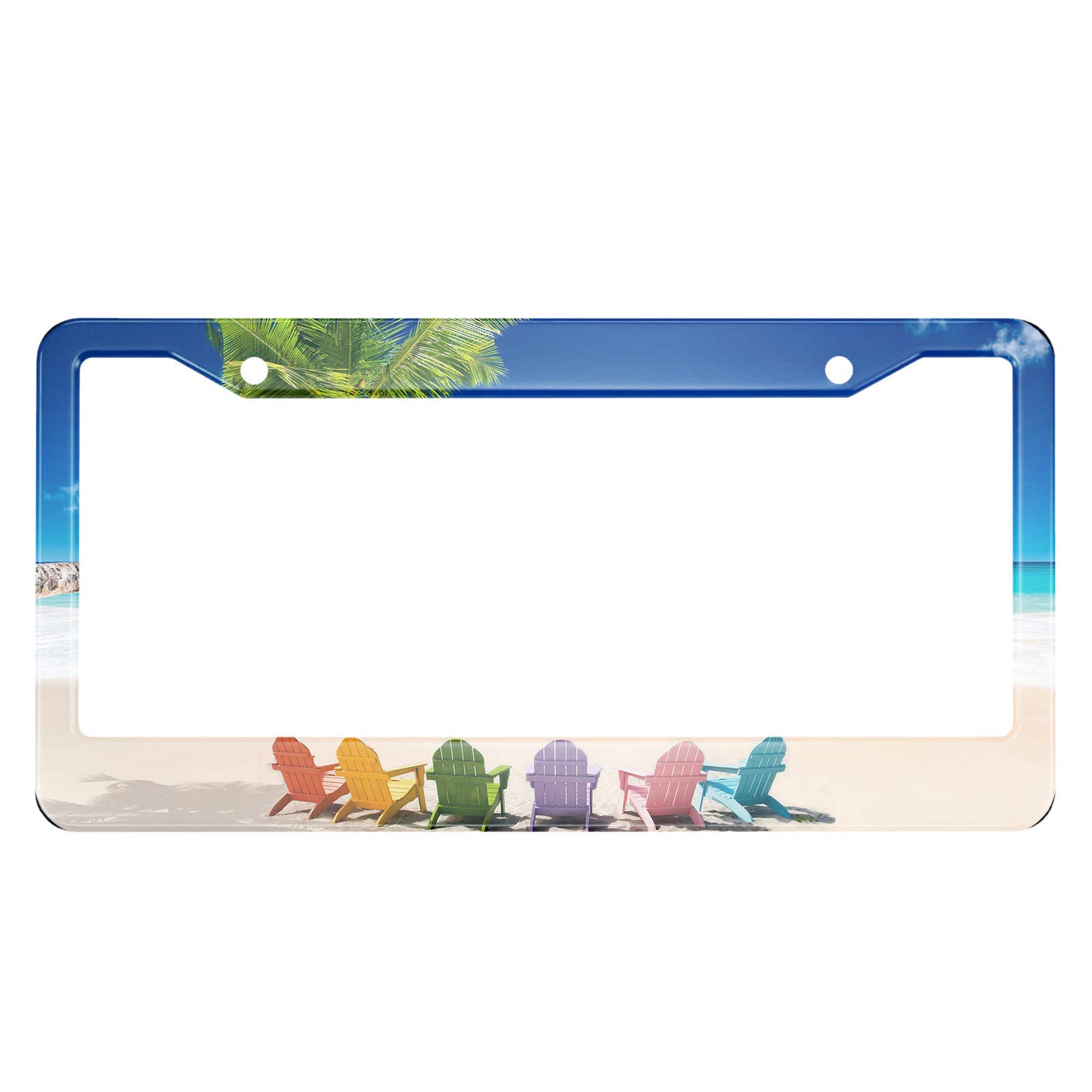 Tropical Summer Palm Tree Metal License Plate Cover - Colorful Beach Lounger Design Car Tag Frame for US Vehicles (Standard Size) - Perfect for Beach-Themed Cars, Summer Road Trips & Coastal Decor