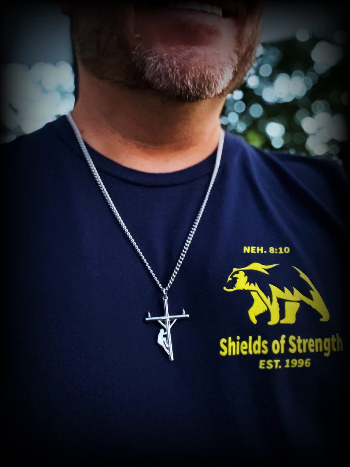 Shields of Strength 14K Gold Plated Stainless Steel Lineman Cross Pendant Necklace for Men - John 1:4 Bible Verse Christian Jewelry - Perfect Faith Gift for Daily Wear, Church, Prayer & Special Occasions