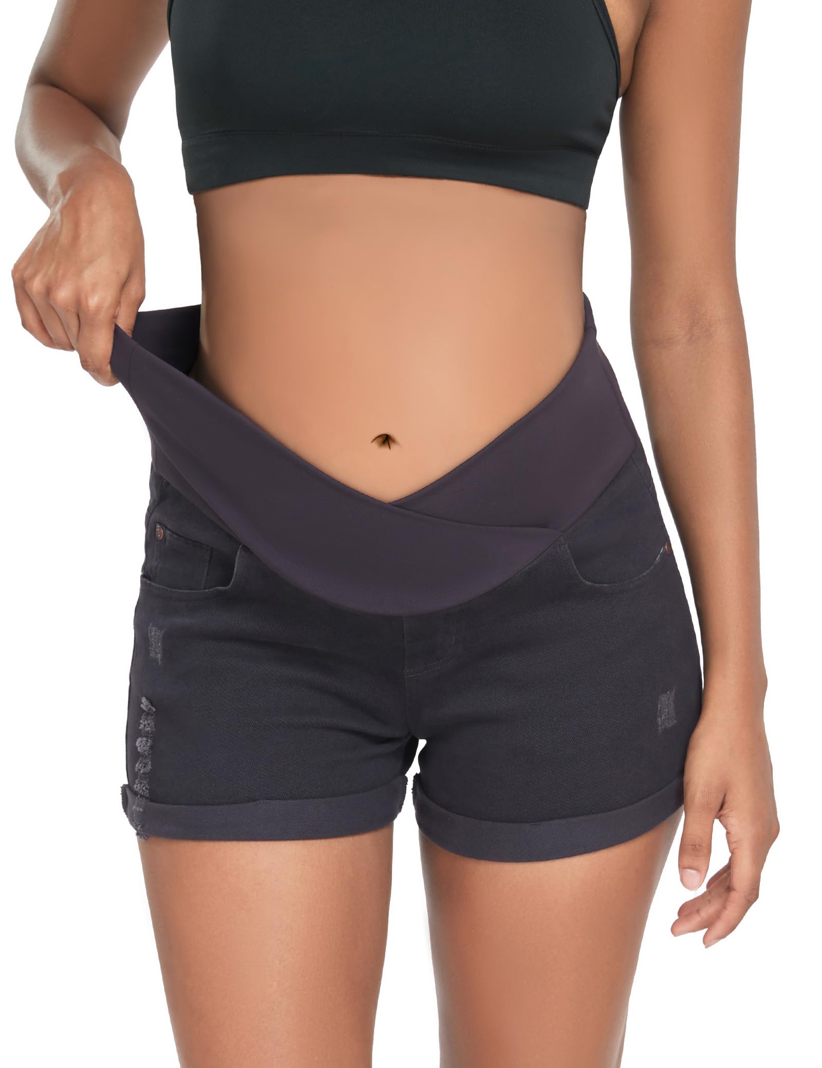 HOFISH Women's Maternity Jeans Shorts - Over The Belly Stretchy Denim Shorts for Pregnancy - Comfortable Casual & Workout Wear - Perfect for Summer, Travel and Everyday Maternity Outfits