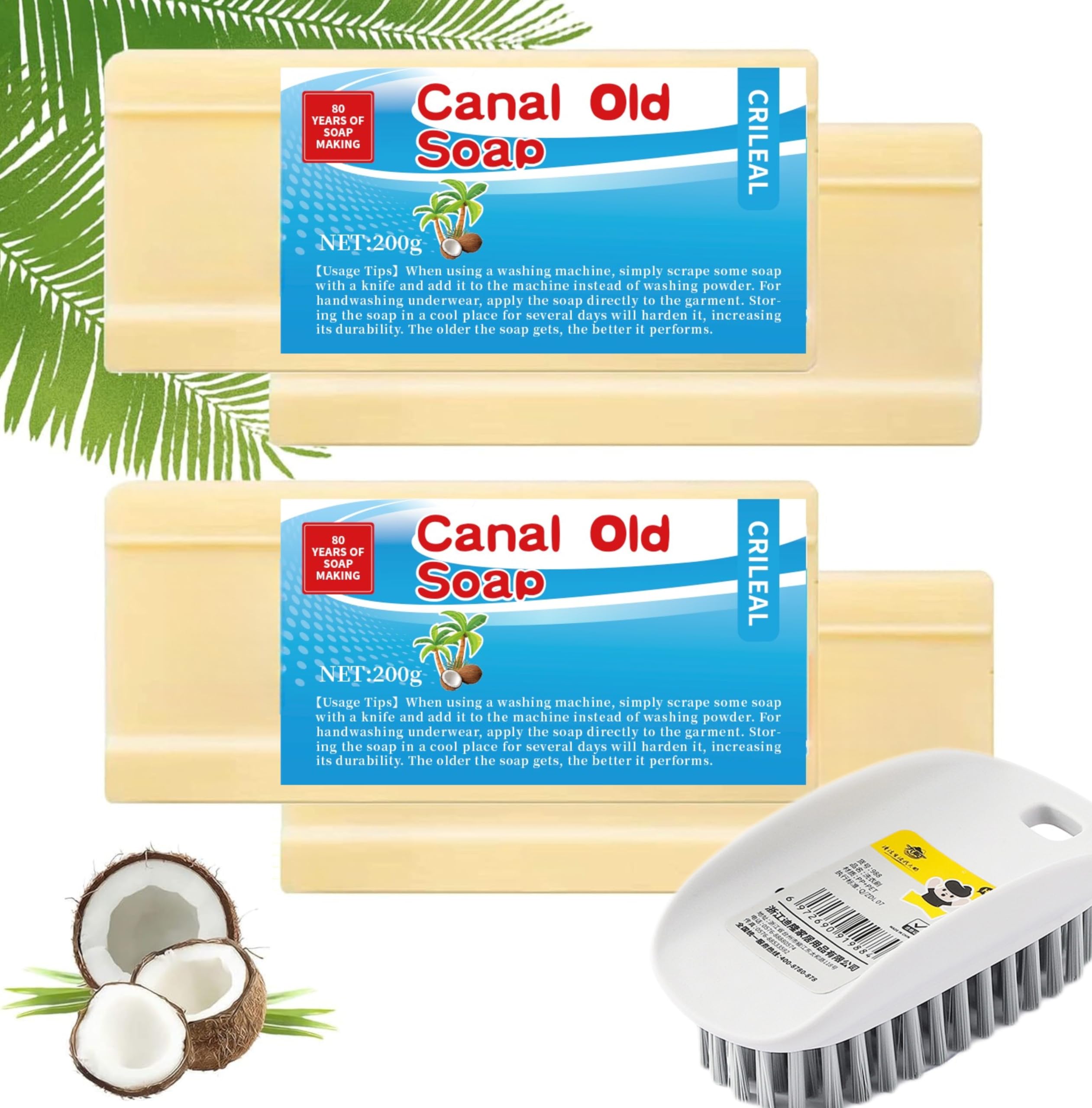 Canal Soap with Brush - Stain Remover for Clothes & Underwear (7oz, 4pc) - Laundry & Travel Use