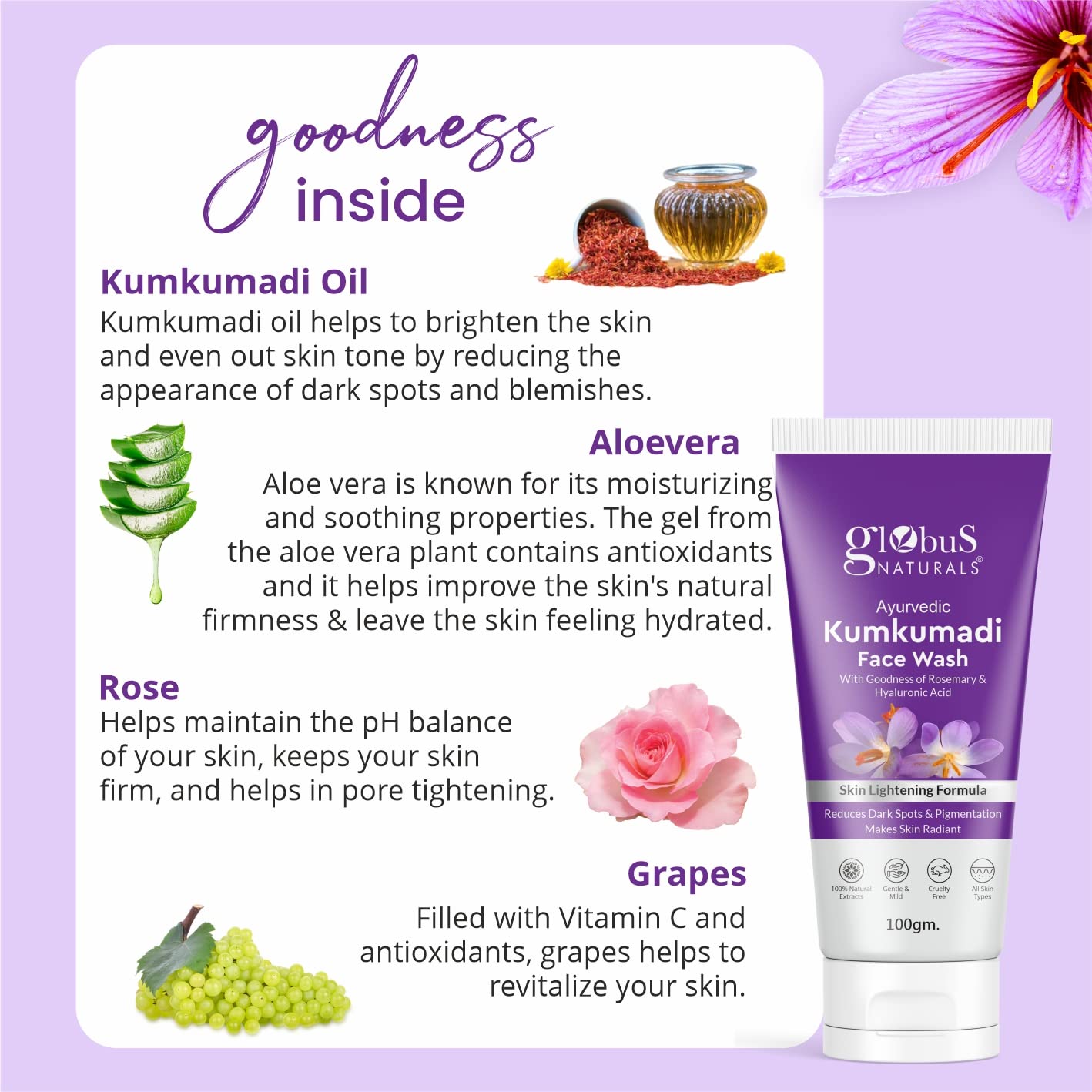 Globus Naturals Ayurvedic Kumkumadi Skin Lightening Face Wash with Hyaluronic Acid & Rosemary - Chemical Free, Cruelty Free, for All Skin Types - 100ml - Brightening & Hydrating Facial Cleanser for Daily Skincare Routine