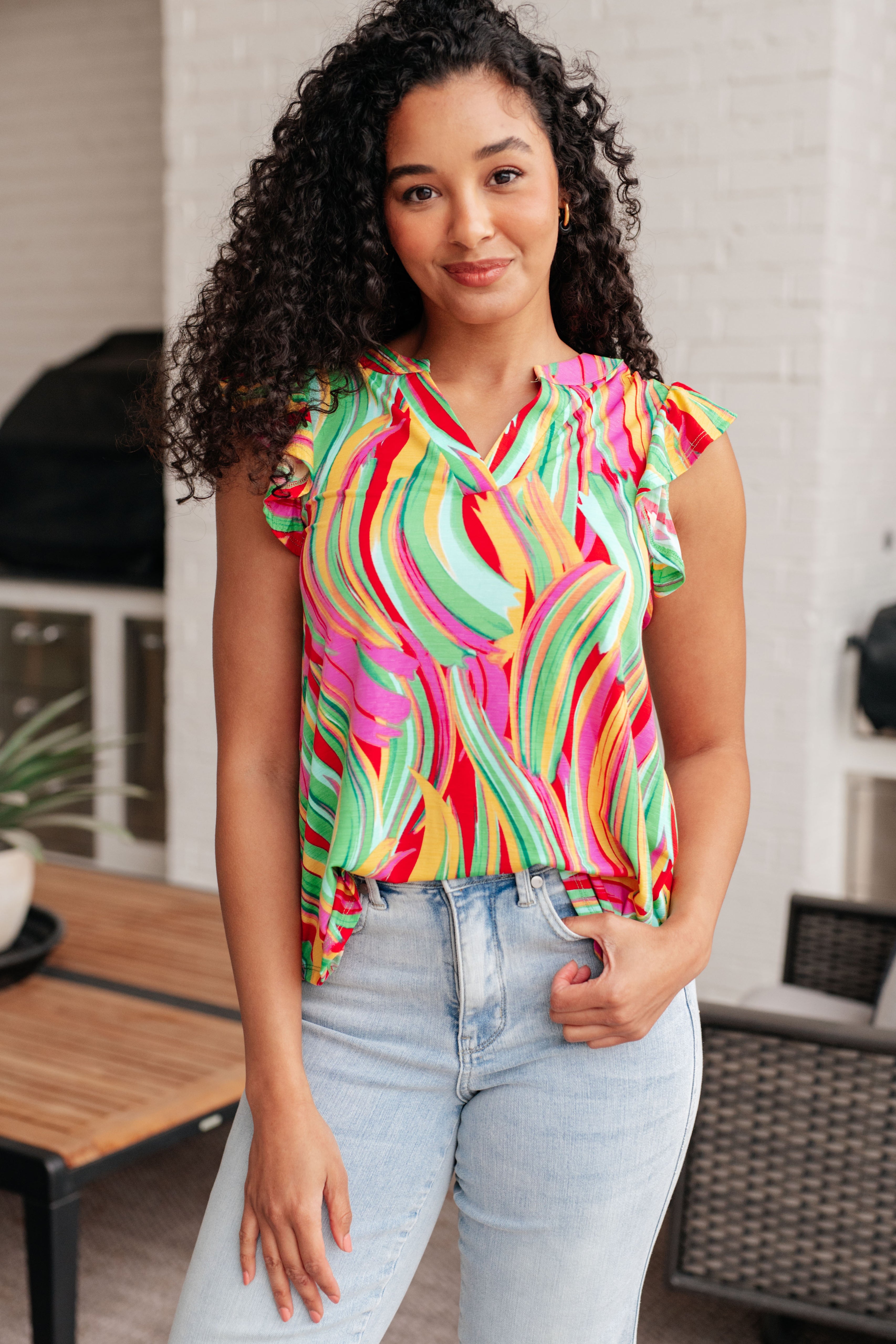 Lizzy Flutter Sleeve Top - Green Multi Abstract Stripe Women's Blouse | Perfect for Spring Outfits, Date Nights & Office Wear