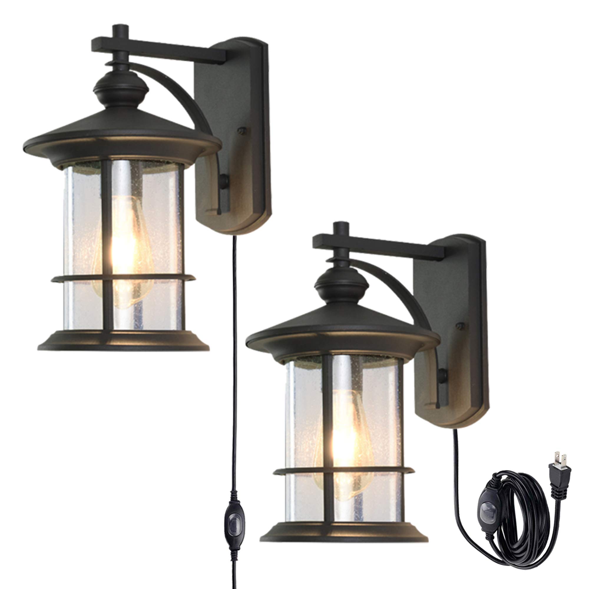 2 Pack Black Wall Sconce Lights - UL Listed Waterproof Outdoor/Indoor Plug-in Wall Lights with Aluminum Base & Bubble Glass Shade - Vintage Porch Lighting for Backyard, Patio, Garden, Entryway, Hallway