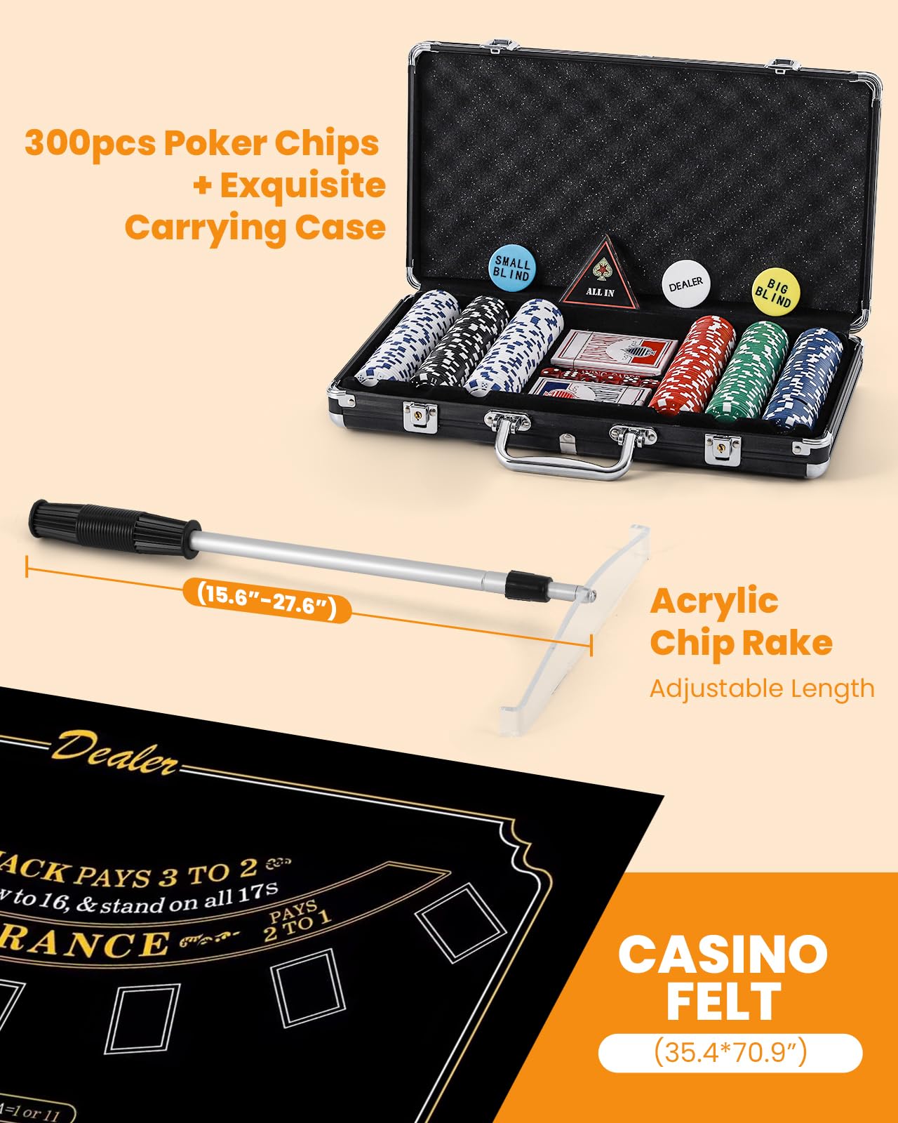 Premium Blackjack Casino Game Set - 300 Poker Chips, Automatic Card Shuffler, 8 Decks of Playing Cards, Felt Layout, Card Shoe & Accessories for Home Poker Nights & Casino-Themed Parties