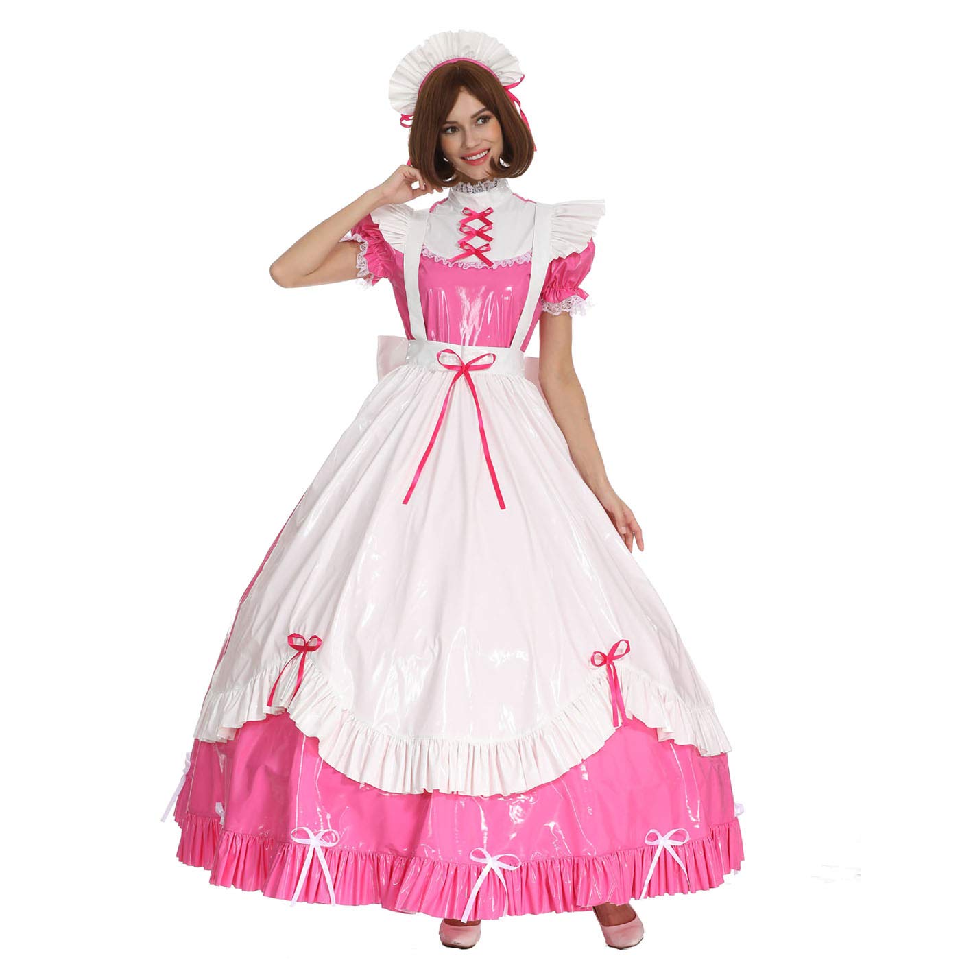 Sexy French Maid Costume for Women - Gothic Lace Bow & PVC Lockable Dress, Long or Short Sleeves | Halloween Cosplay, Bachelorette Party, Role Play Outfit