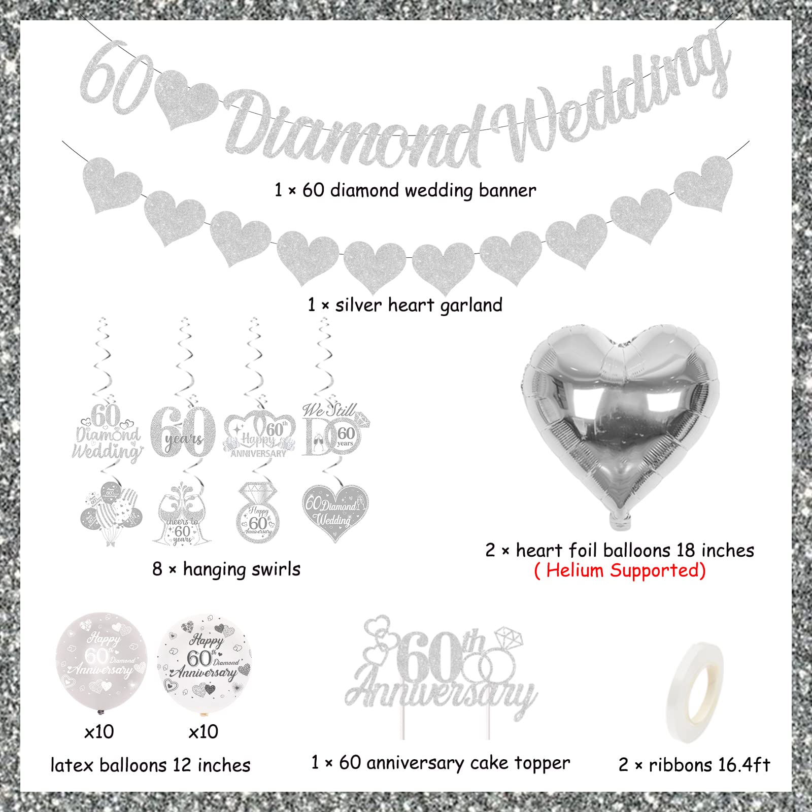 Diamond Wedding Anniversary Decorations Set - Glitter Banner, Cake Topper, Hanging Swirls & Silver Heart Foil Balloons for 60th Anniversary Party Supplies | Perfect for Milestone Celebrations, Festive Decor & Romantic Events