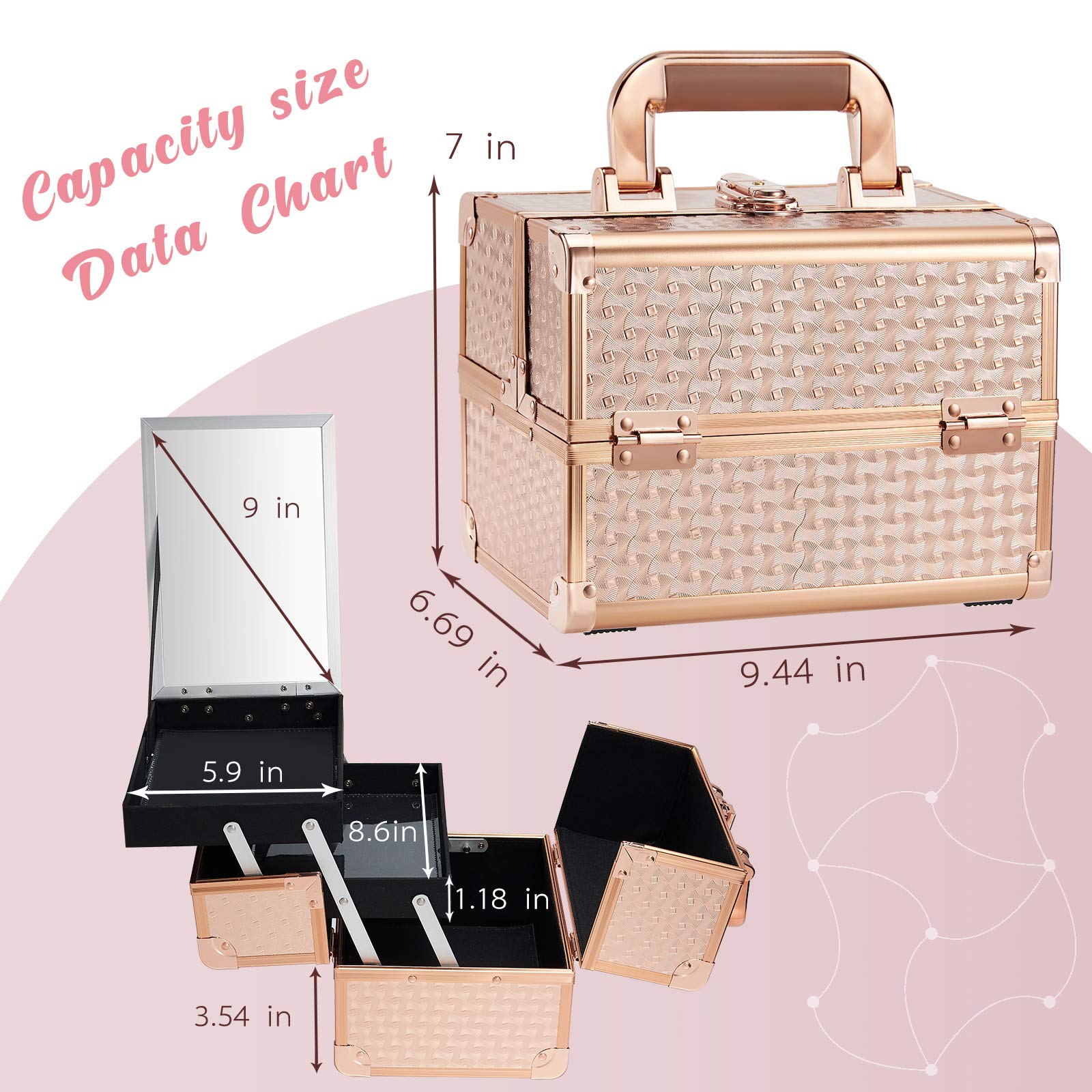 Joligrace Beauty Makeup Train Case - Portable Cosmetic & Jewelry Organizer with Lock, Keys & Mirror | 2-Tier Storage Box with Handle | Rose Gold | Perfect for Travel, Salon & Home Organization