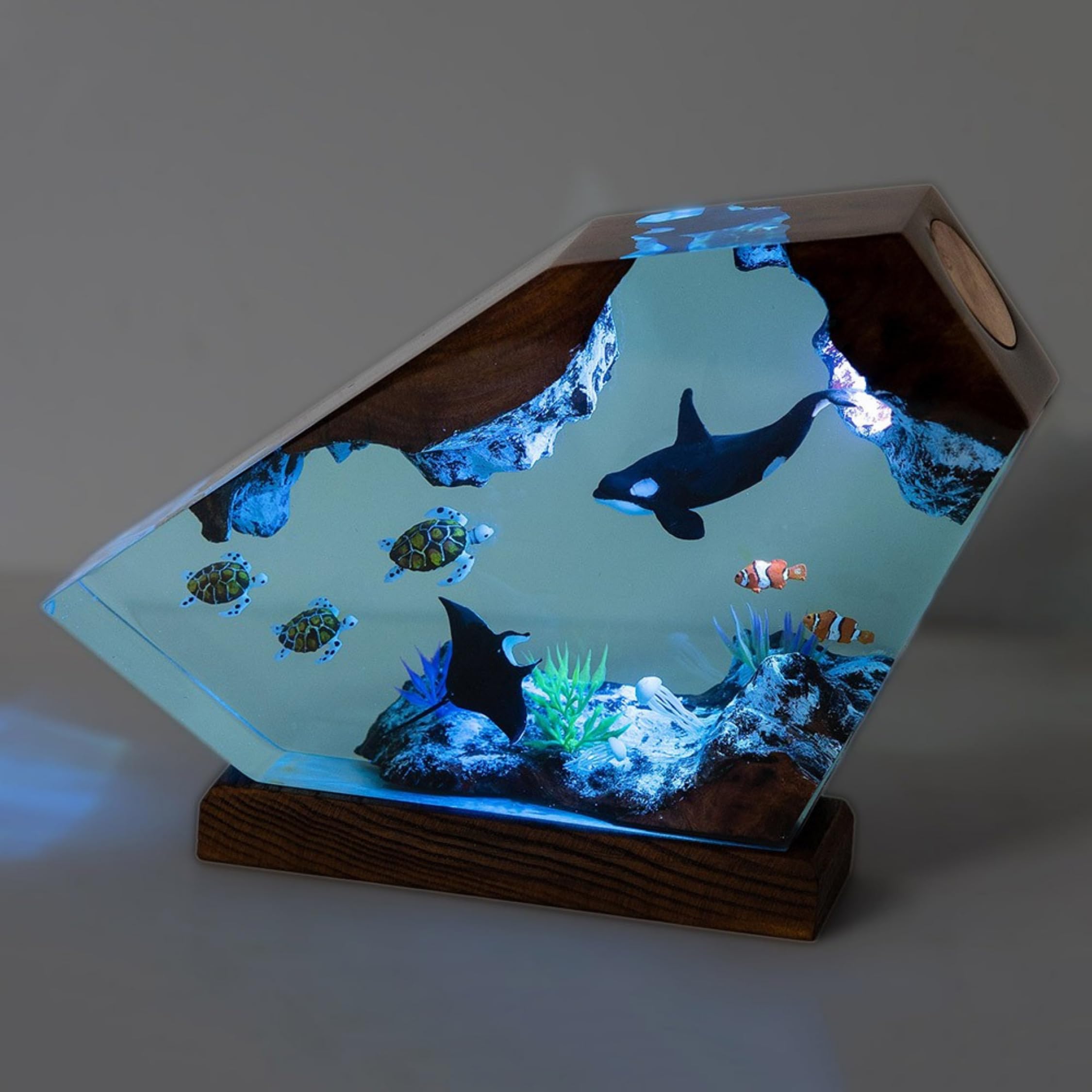 Orca & Turtle Resin Night Light - Ocean Theme Wooden Lamp with Diver Diorama - 7x9 Inch Handcrafted Whale Gift for Bedroom, Nursery & Home Decor