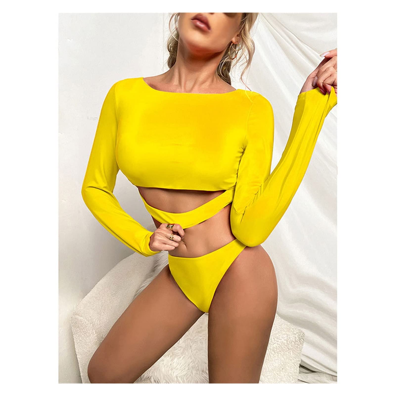 JHHDP Women's Long Sleeve Two-Piece Bikini Swimwear - Solid Color Bathing Suit for Beach, Pool & Summer Vacation (Color: A, Size: L)
