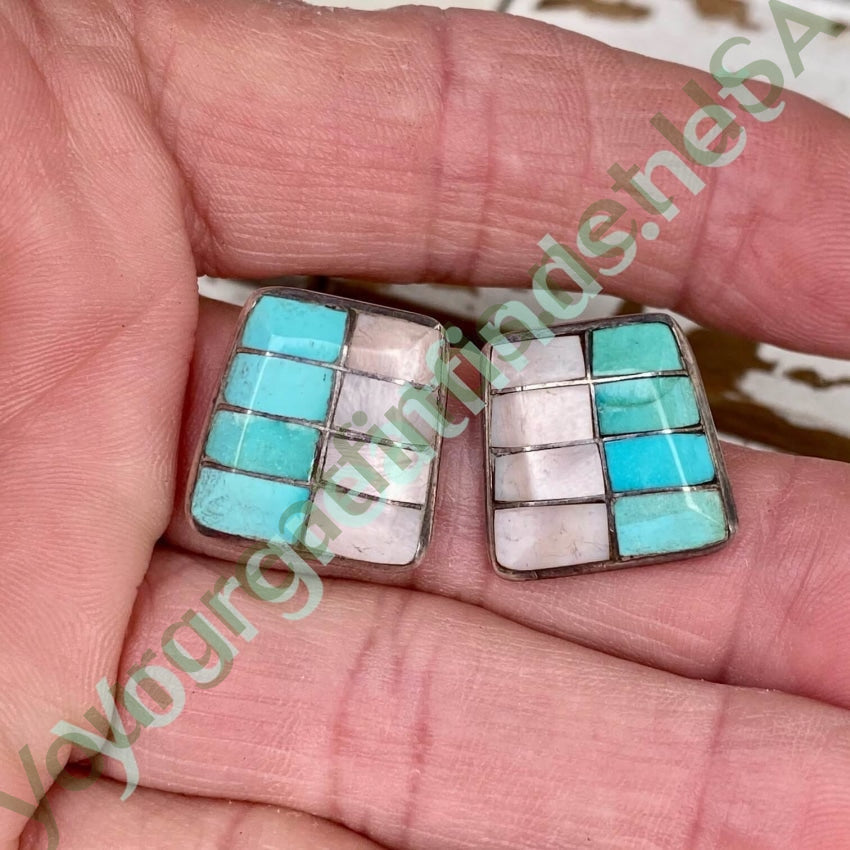 Authentic Sterling Silver Turquoise & Mother of Pearl Southwestern Style Earrings for Women | Handmade Native American Jewelry | Perfect for Boho Fashion, Festivals & Gift Giving