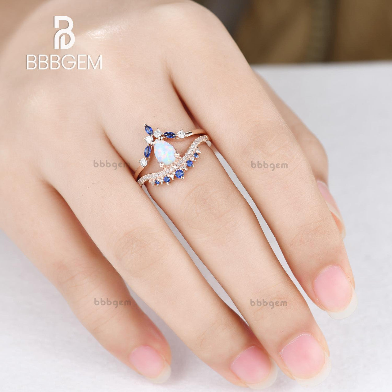 Pear Shaped Opal Engagement Ring with Diamond Accents & Blue Sapphire Wedding Band - Stackable Bridal Set for Proposal, Anniversary & Special Occasions