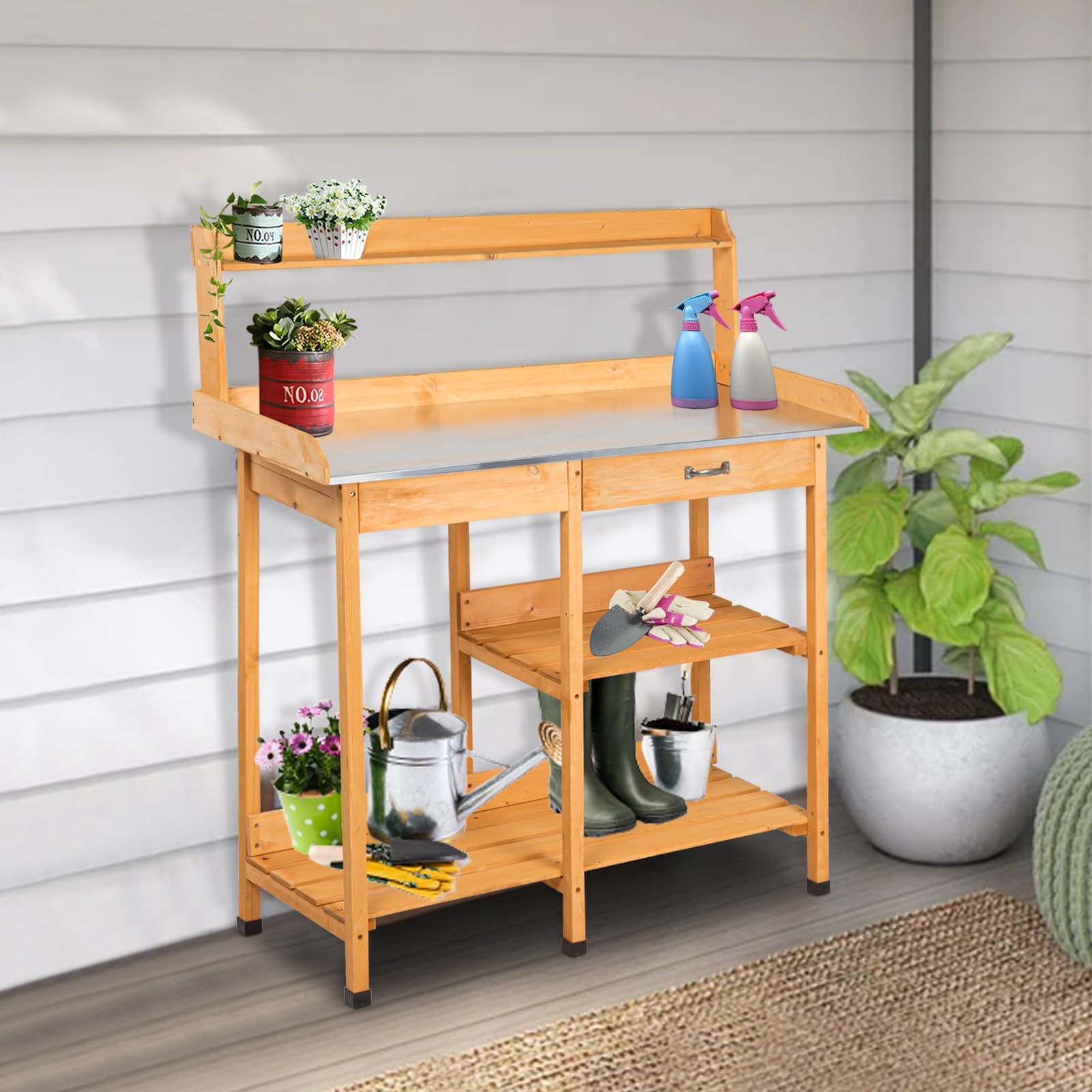 **Kinbor Heavy Duty Potting Bench with Metal Tabletop - Outdoor Garden Work Station with Drawer & Storage Shelf - Wooden Planting Table for Patio, Lawn, Backyard - Perfect for Gardening, Potting Plants & Organizing Tools**