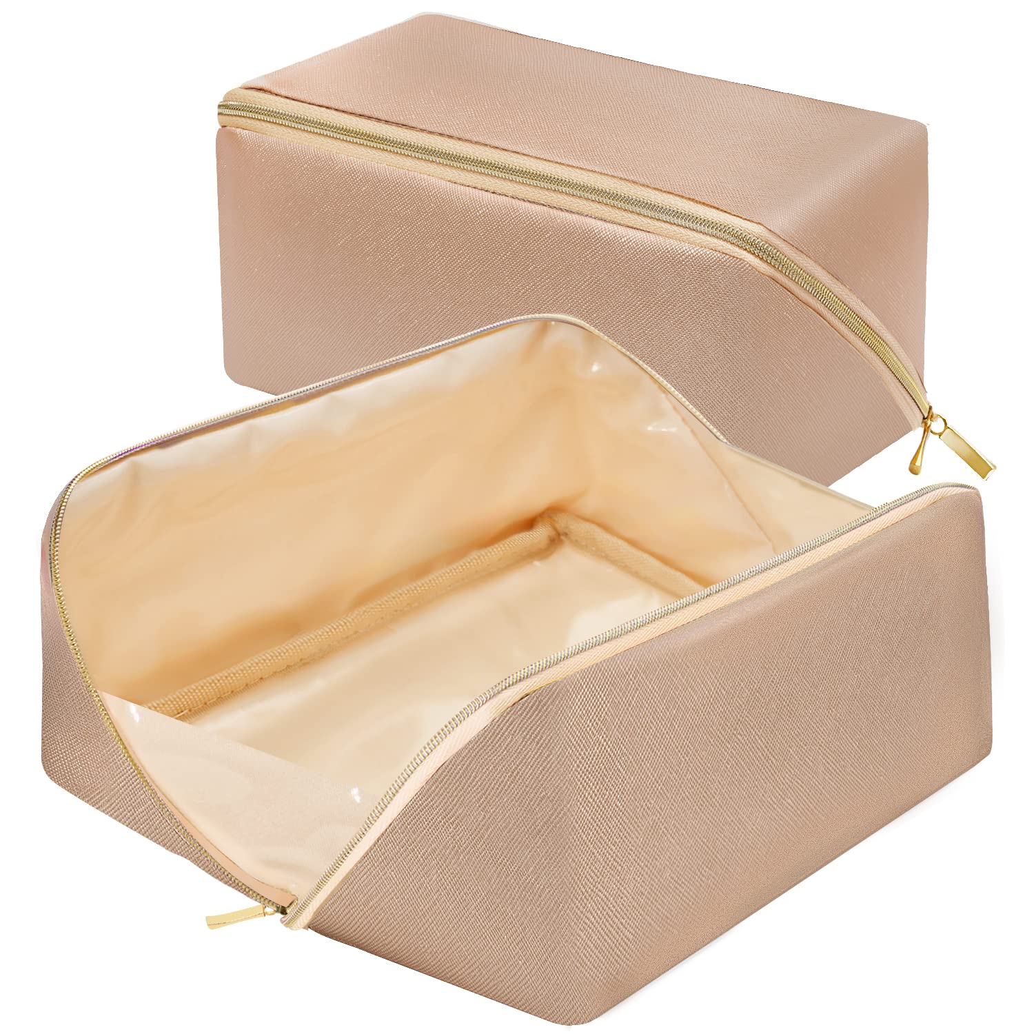 Waterproof Large Portable Makeup Bag - Flat Opening Cosmetic Organizer for Travel | Toiletry Case for Cosmetics, Brushes & Daily Essentials | Perfect for Overnight Trips & Home Organization (Gold)