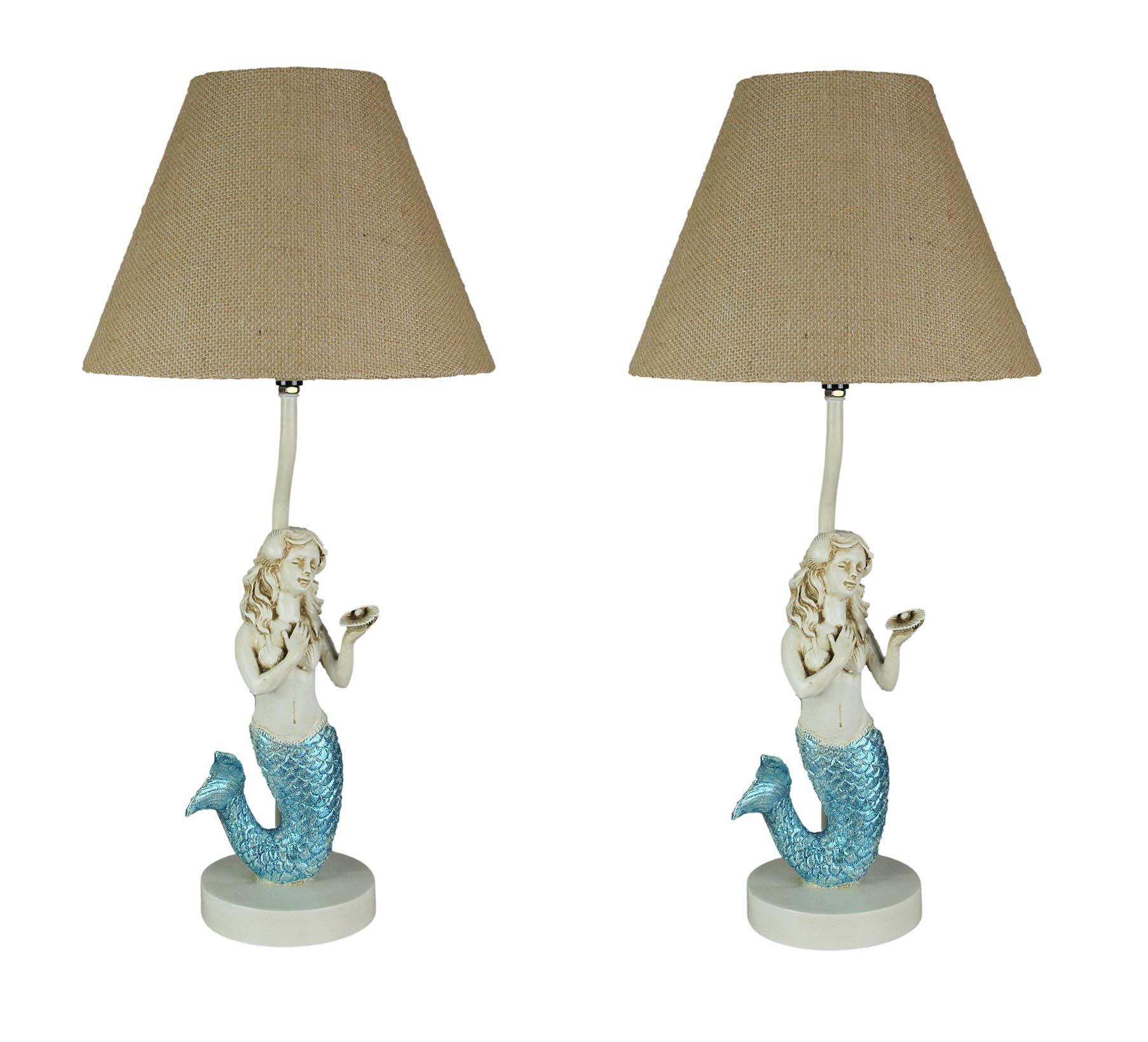 Zeckos Set of 2 Blue Glitter Mermaid Table Lamps with Burlap Shades - 22.5 Inch Coastal Beach Decor for Bedroom, Living Room & Nursery - Perfect for Mermaid Themed Parties & Ocean Inspired Home Decor