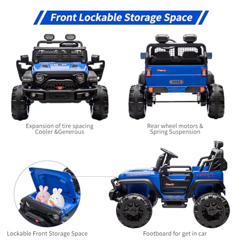 GARVEE 24V Electric Ride On Truck for Kids - 2 Seater Remote Control Car with LED Lights, Music & Horn | Large Storage Space & Cup Holder | Toddler Toy Vehicle for Ages 3-8 (Blue) | Perfect for Outdoor Play, Birthday Gifts & Family Fun