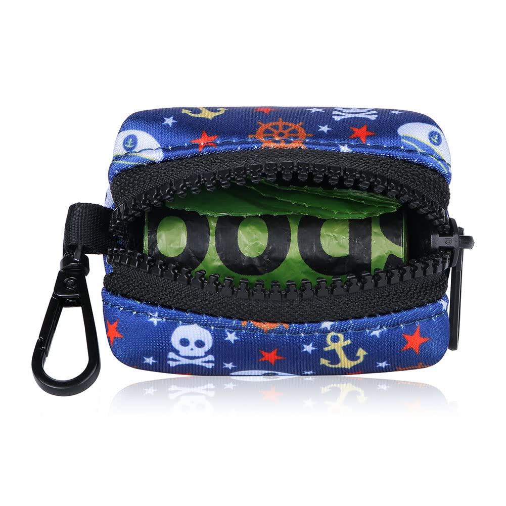 Eco-Friendly Dog Poop Bag Dispenser Holder - Leash & Running Belt Clip for Easy Waste Cleanup | Blue Pirates Design | Perfect for Walking, Jogging & Outdoor Adventures with Your Pet