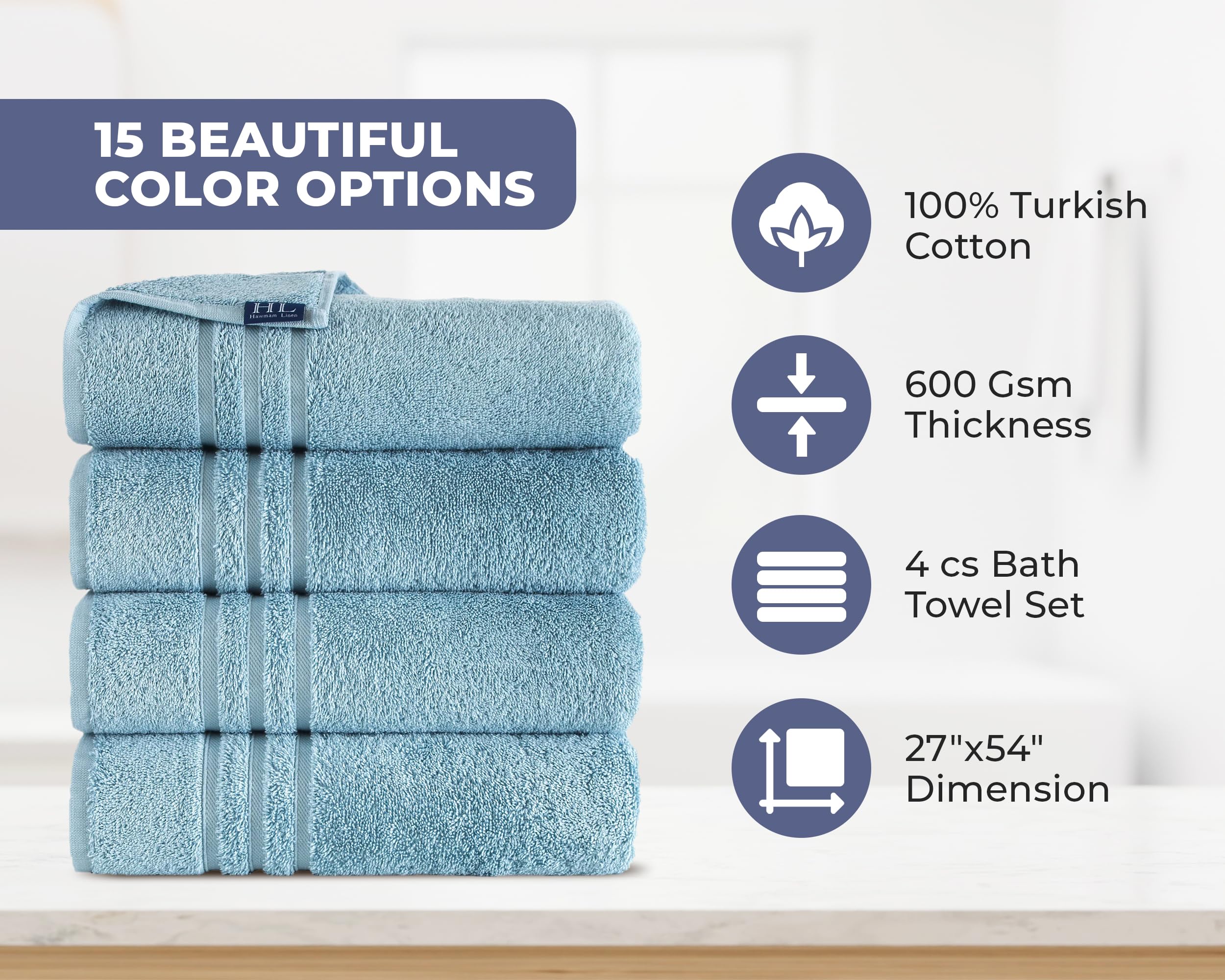 Premium Soft & Absorbent 100% Cotton Bath Towels 4 Pack - 600 GSM Light Blue Linen Towels for Spa, Beach, Gym & Everyday Luxury | Hawmam