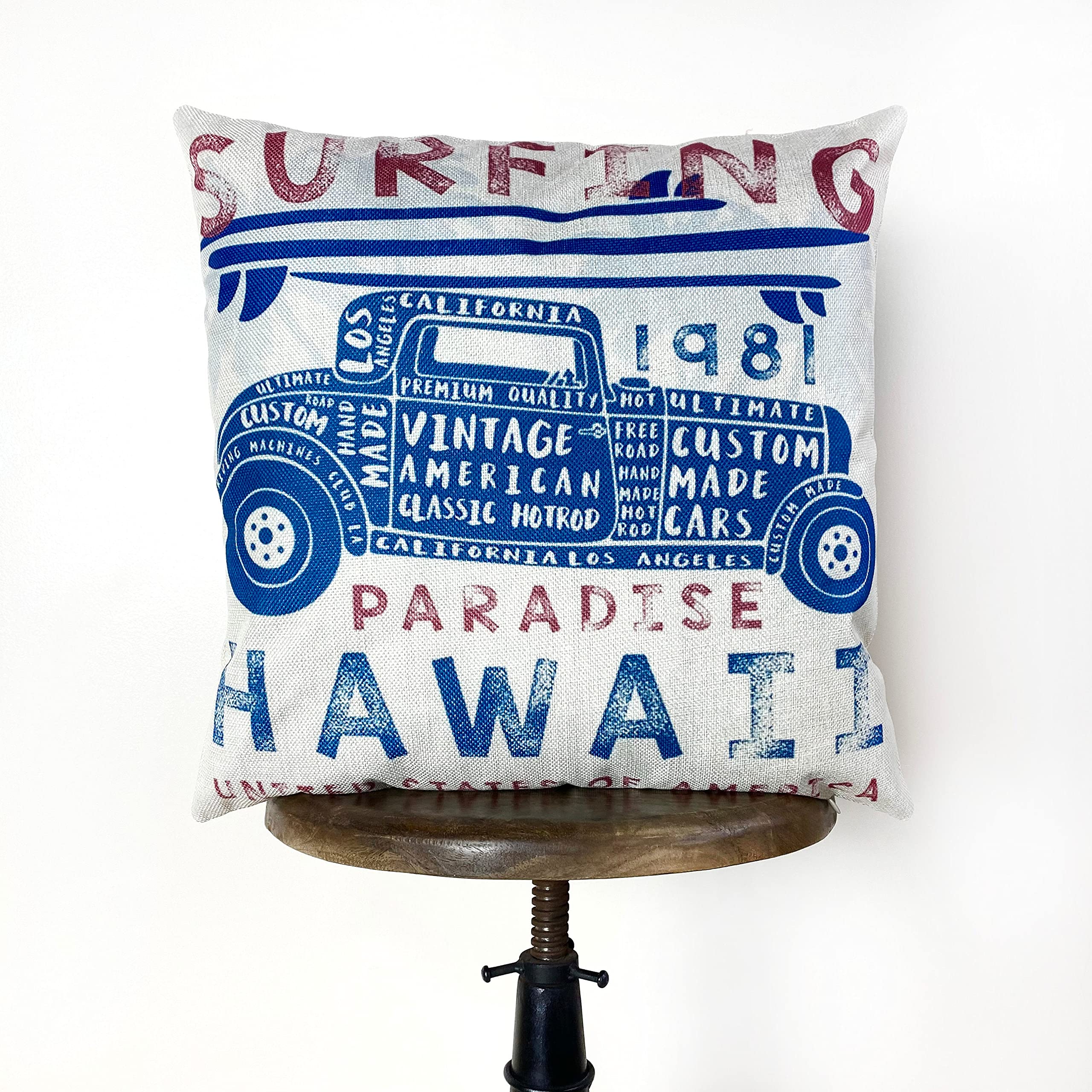 Hawaiian Surfing Paradise Throw Pillow Cover - Surfer & Classic Car Design - Perfect Gift for Dad & Hot Rod Enthusiasts - Home Décor for Beach House, Man Cave & Living Room