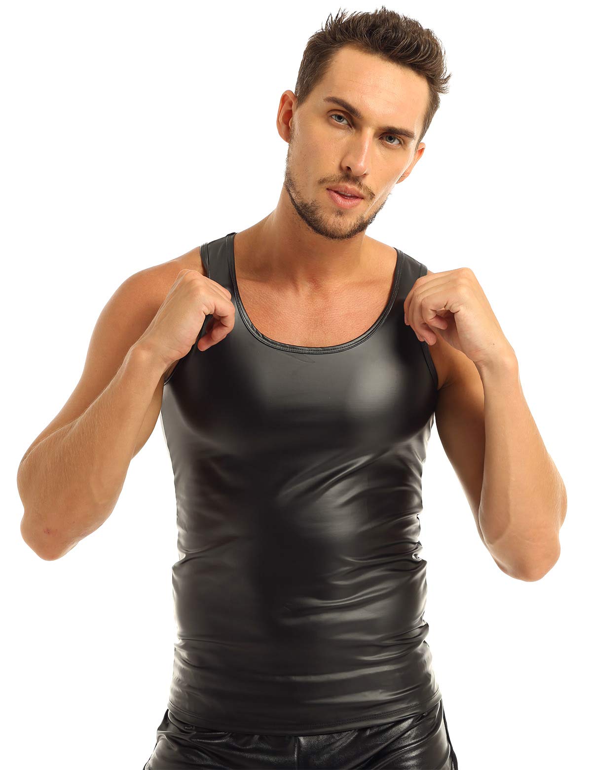 iiniim Men's Faux Leather Vest Undershirt - Sleeveless Muscle Tank Top for Gym, Fitness & Casual Wear | Breathable Workout Shirt for Bodybuilding & Street Style