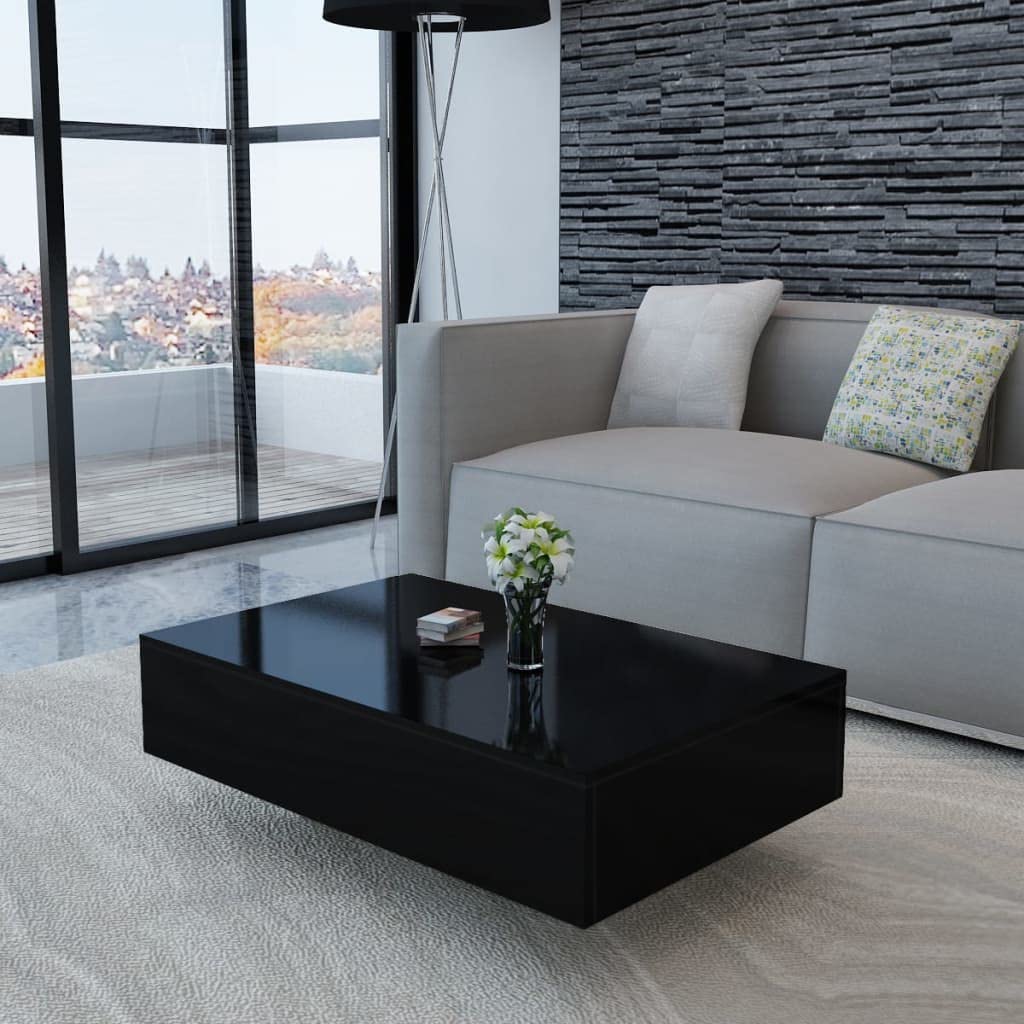 High Gloss Black Coffee Table - Modern Mid-Century Retro Industrial Style for Living Room, Farmhouse Decor, Rectangular Center Table - Perfect for Home, Office & Lounge Areas