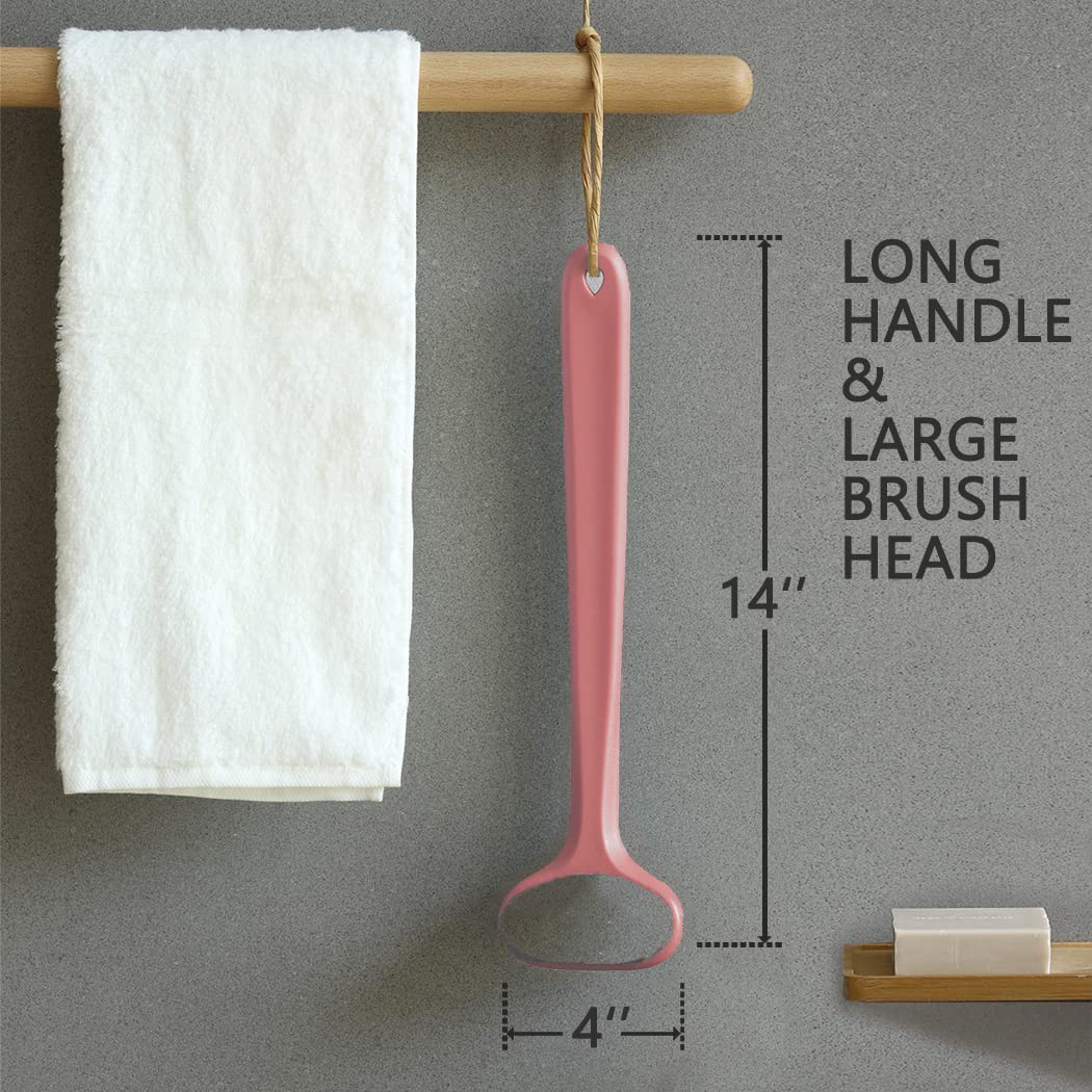 Upgraded Exfoliating Body Brush with Soft Bristles & Long Handle - Gentle Skin Scrub for Dry Brushing & Shower - Improves Circulation & Skin Health - Perfect for Spa Days & Self-Care Routine (14 inch, Light Coral)