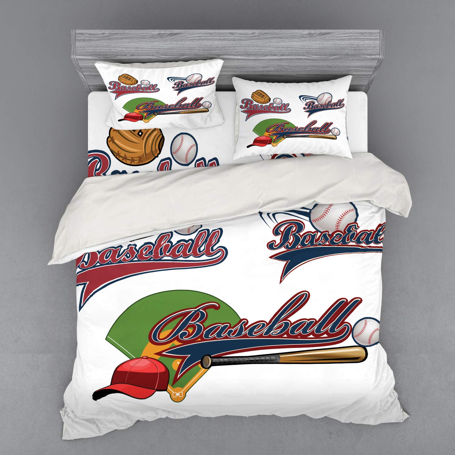 Ambesonne Baseball Duvet Cover Set - King Size 4-Piece Bedding with Shams & Fitted Sheet - Sports Theme Design for Baseball Fans - Perfect for Game Day Decor, Sports Themed Bedrooms & Fan Gifts