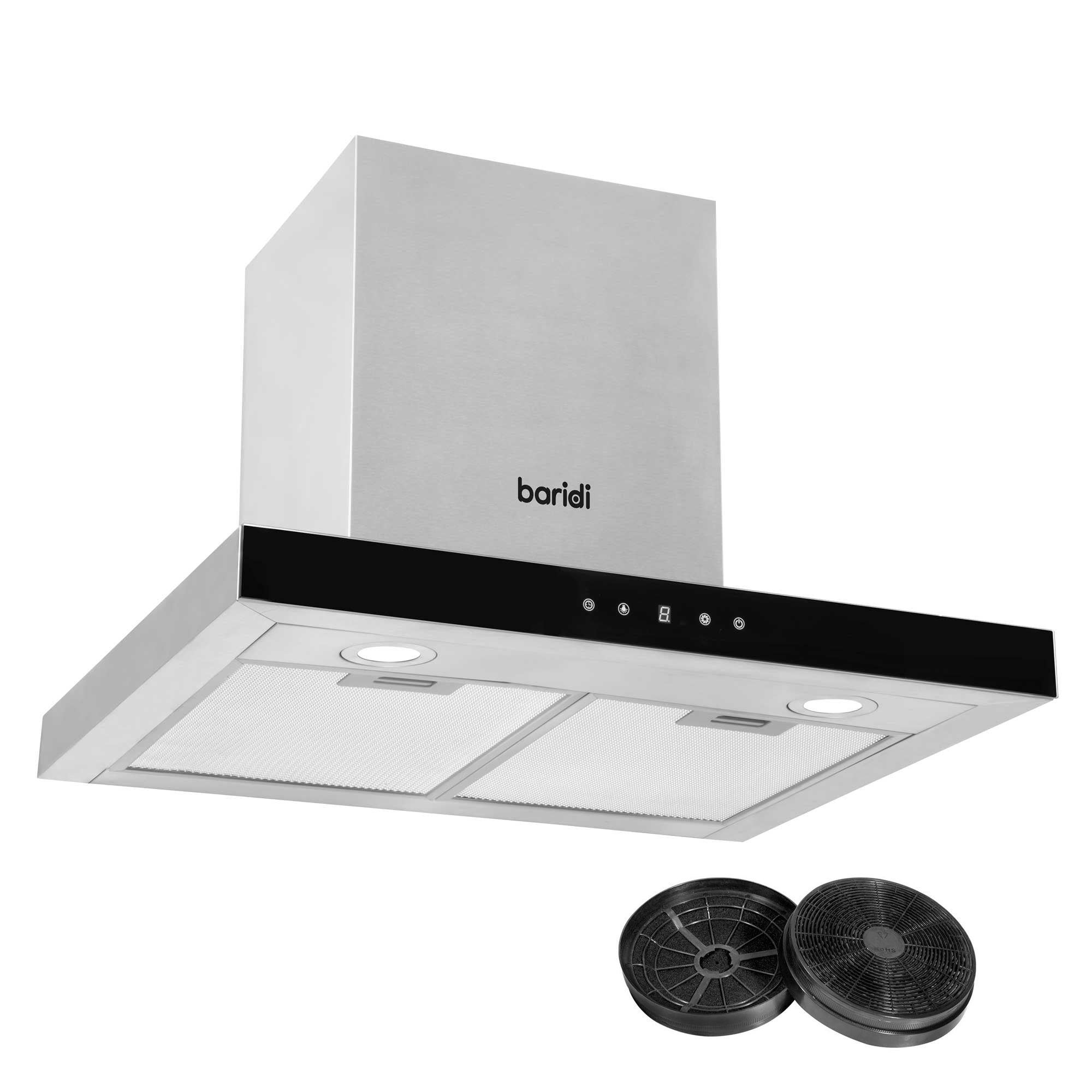 Baridi 60cm T-Shaped Stainless Steel Chimney Range Hood with Carbon Filters - DH130 | Powerful Kitchen Ventilation for Smoke & Odor Removal | Ideal for Home, Restaurant & Apartment Cooking