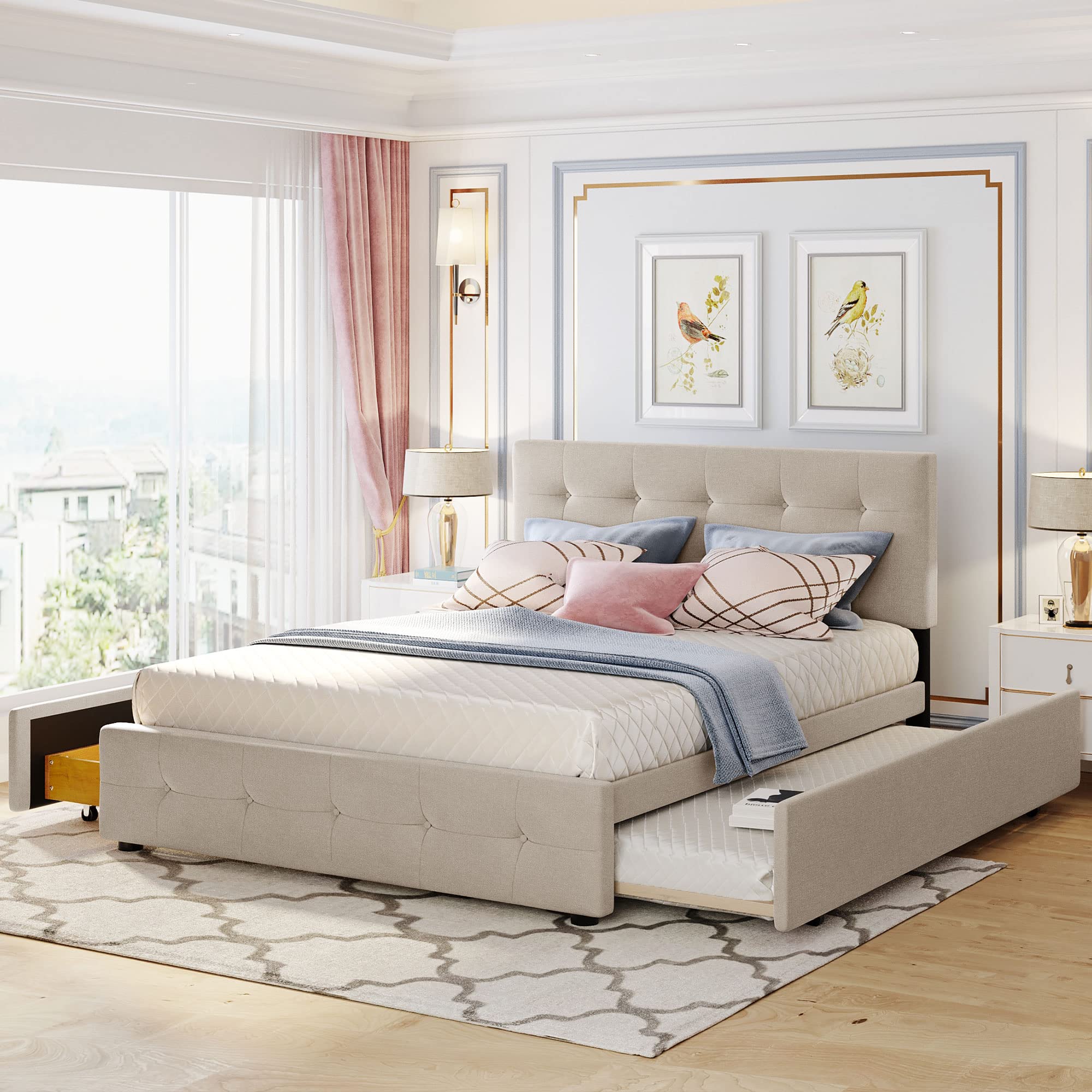 Queen Size Upholstered Platform Bed with Storage Drawers & Twin XL Trundle - Wooden Frame, Button Tufted Headboard in Beige - Perfect for Small Bedrooms, Guest Rooms & Space-Saving Solutions
