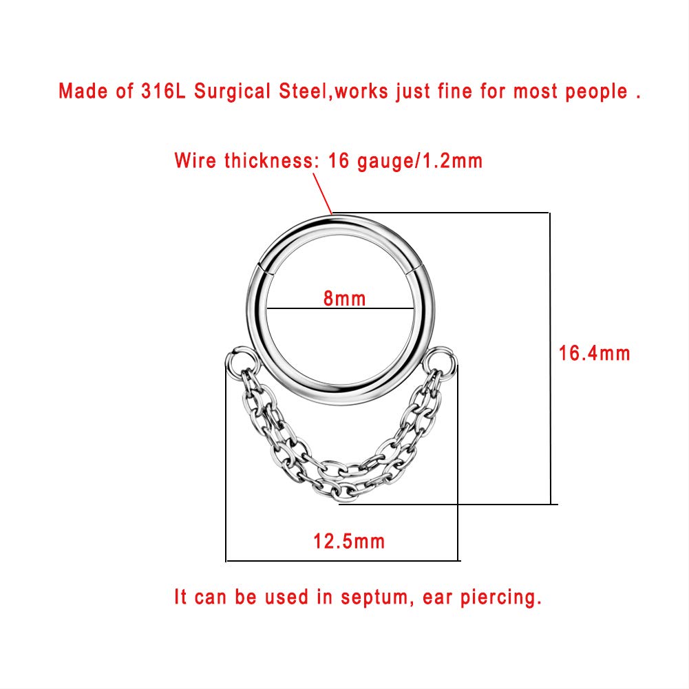 Surgical Steel Cartilage Earring Hoop - 8mm Helix Hoop with Double Chain - 16g Silver Ear Lobe Piercing Jewelry for Women & Men - Perfect for Helix, Tragus & Lobe Piercings - Trendy & Hypoallergenic