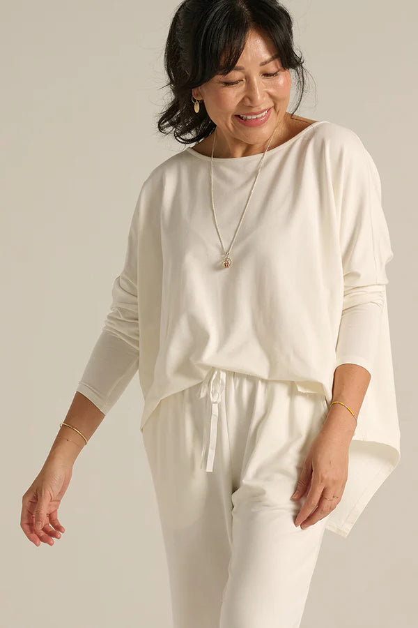 Terry Relaxed Boatneck Top - Soft White | Comfortable Casual Wear for Women | Perfect for Lounging, Travel & Everyday Outfits