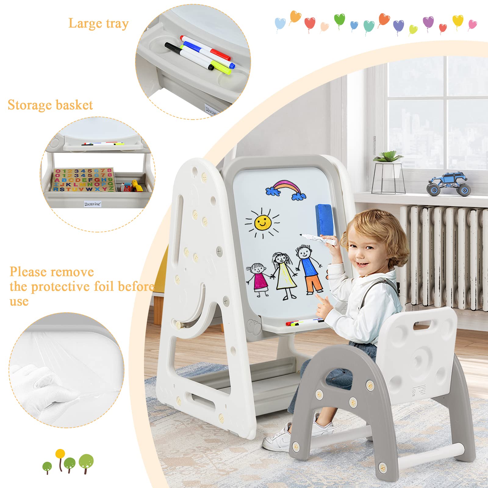 LDAILY 4-in-1 Kids Art Easel Set with Adjustable Magnetic Dry Erase Board, Chair, Markers & Letter Magnets - Double-Sided Standing Drawing Board for Toddlers & Preschoolers - Perfect for Home, Classroom & Creative Play (Grey)