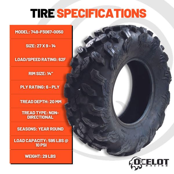 Premium 27x9x14 UTV Tires - Ocelot P3067 Basilisk 6-Ply All-Terrain ATV/UTV Tires, Lightweight & Durable Tubeless Design for Mud, Sand & Trails - Perfect for Off-Road Adventures, Hunting & Farm Work