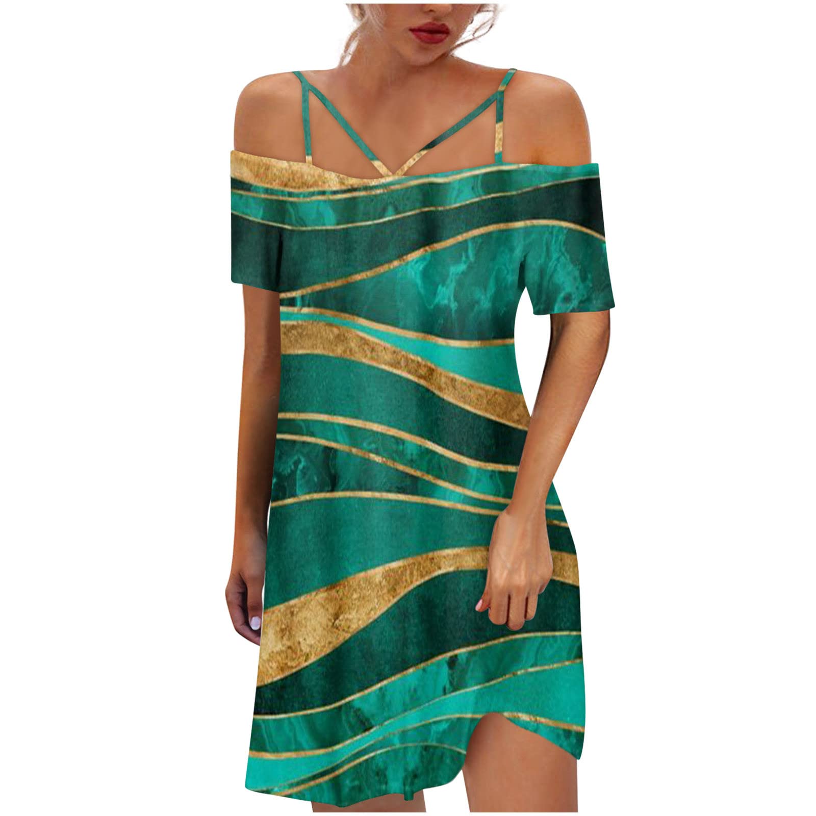 Yomiee Women's Casual Sexy Cold Shoulder Printed Summer Dress - Short Sleeve Beach Sundress for Vacation, Pool Party & Outdoor Date Night