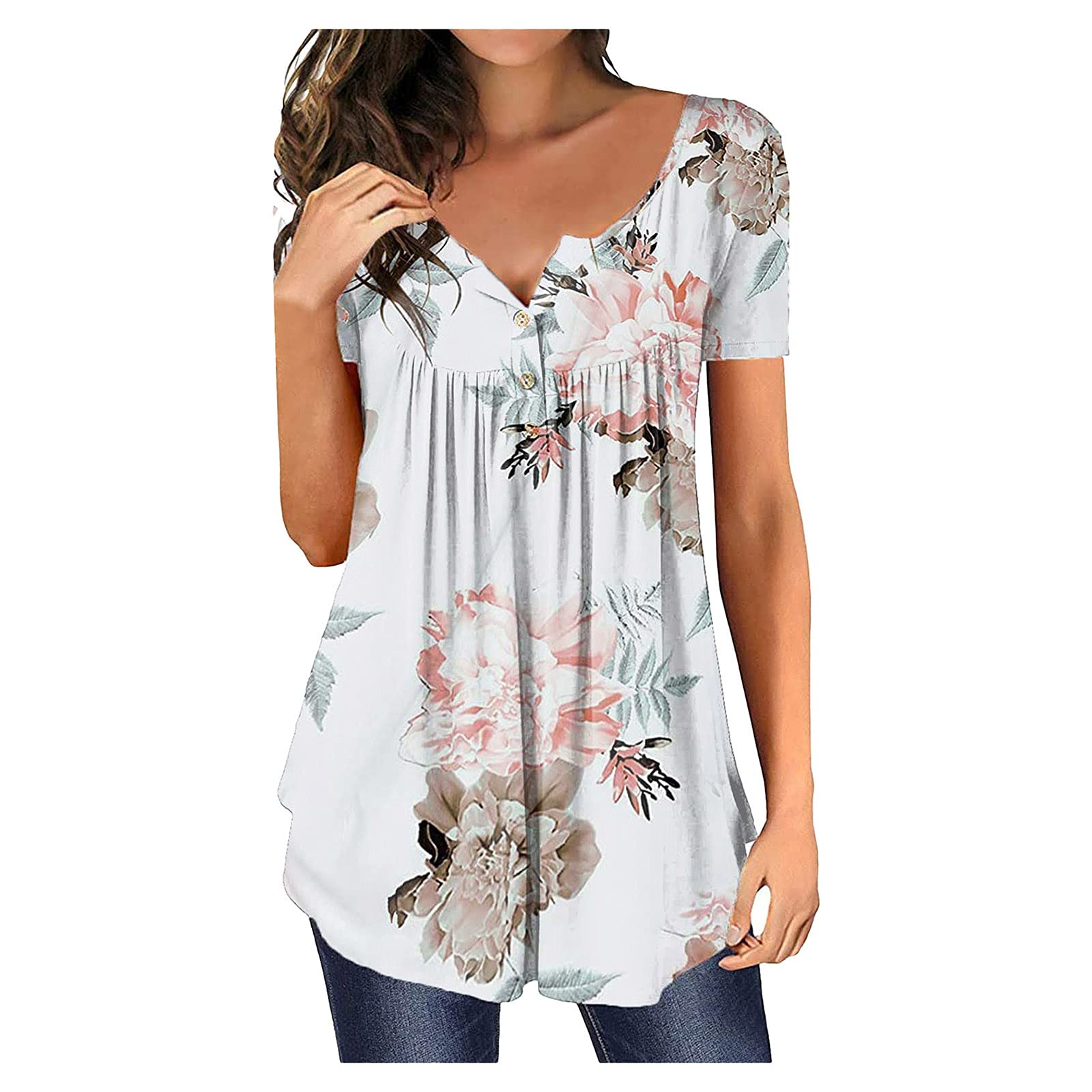 Women's Floral Flowy Short Sleeve Tunic Tops - Loose Fit Cute Summer Shirts to Hide Belly | Casual Wear, Beach Outfits & Vacation Essentials