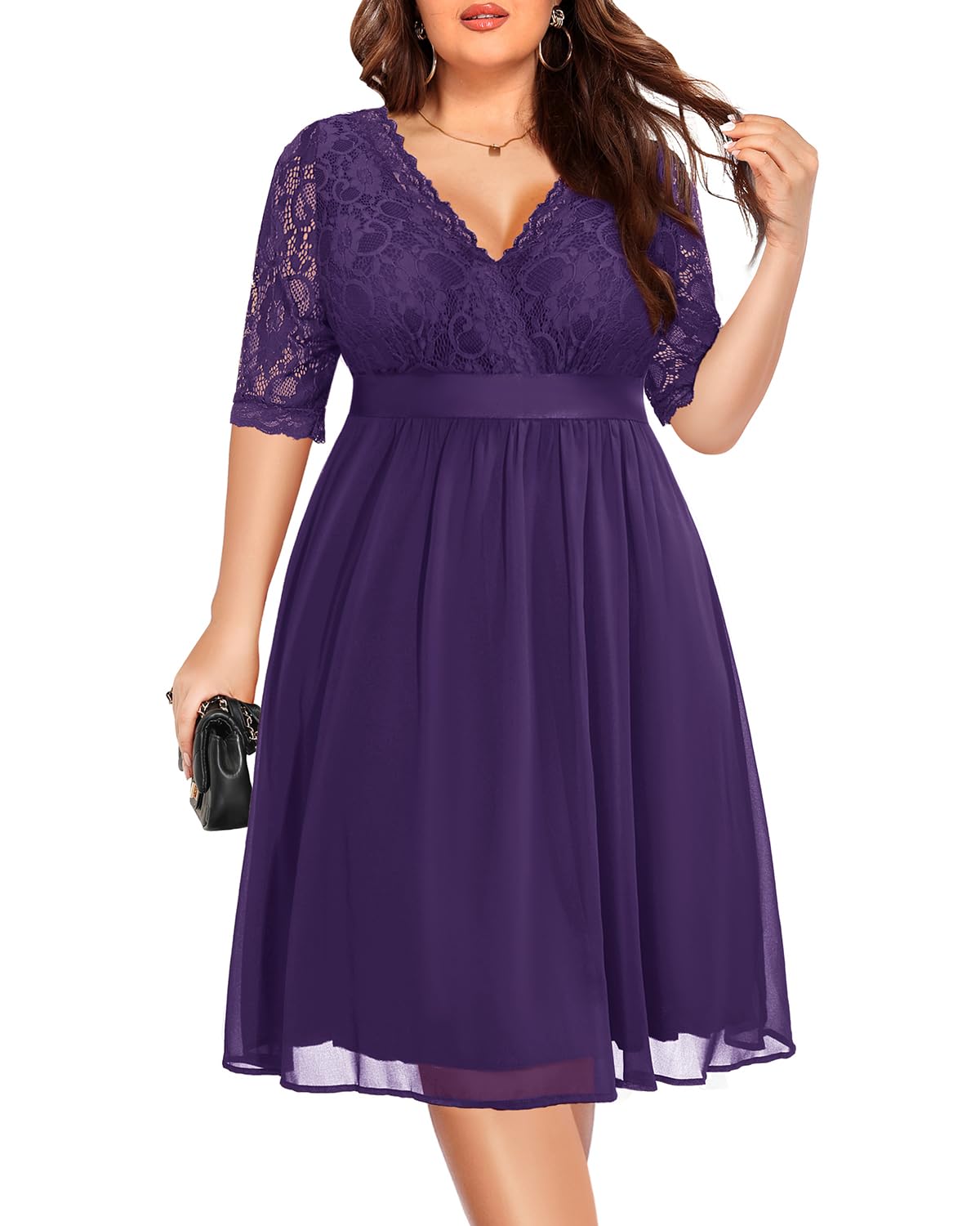 Plus Size Lace Chiffon Wrap V-Neck Cocktail Dress for Women | Elegant Wedding Guest Midi Dress | Perfect for Parties, Date Nights & Special Occasions