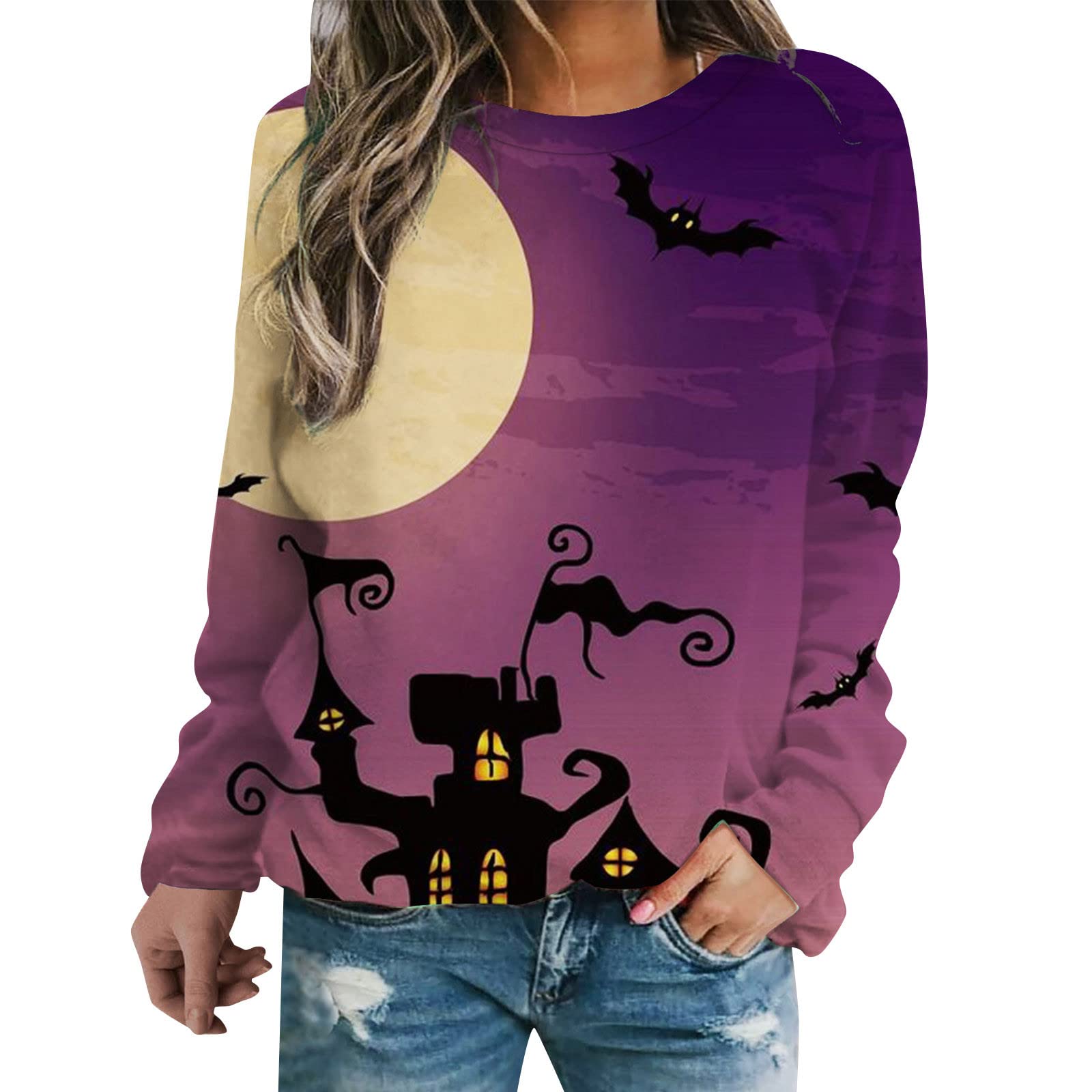 Plus Size Halloween Shirts for Women - Cute Pumpkin Print Long Sleeve T-Shirt with Round Pocket | Perfect for Halloween Parties, Costume Contests & Fall Festivals