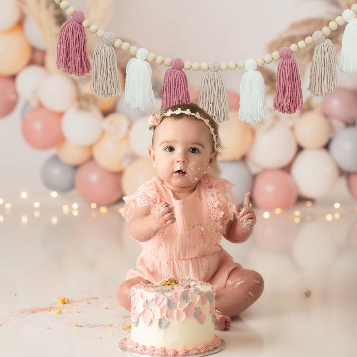 Boho Yarn Tassel Garland - Pink Decorative Banner with Natural Wood Beads | Perfect for Baby Shower Decor, Kids Bedroom, Nursery Wall Hanging & Boho Home Decor