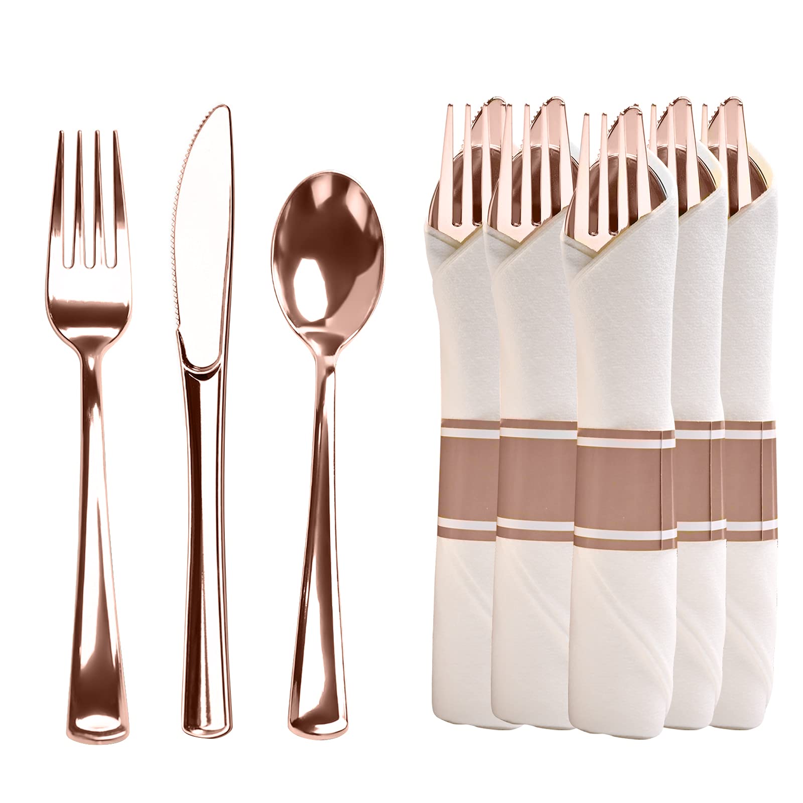 Disposable Pre-Rolled Napkin and Cutlery Set - 12 Pack Rose Gold Plastic Silverware with Forks, Knives, Spoons & Napkins | Perfect for Parties, Weddings, Picnics & Catering Events