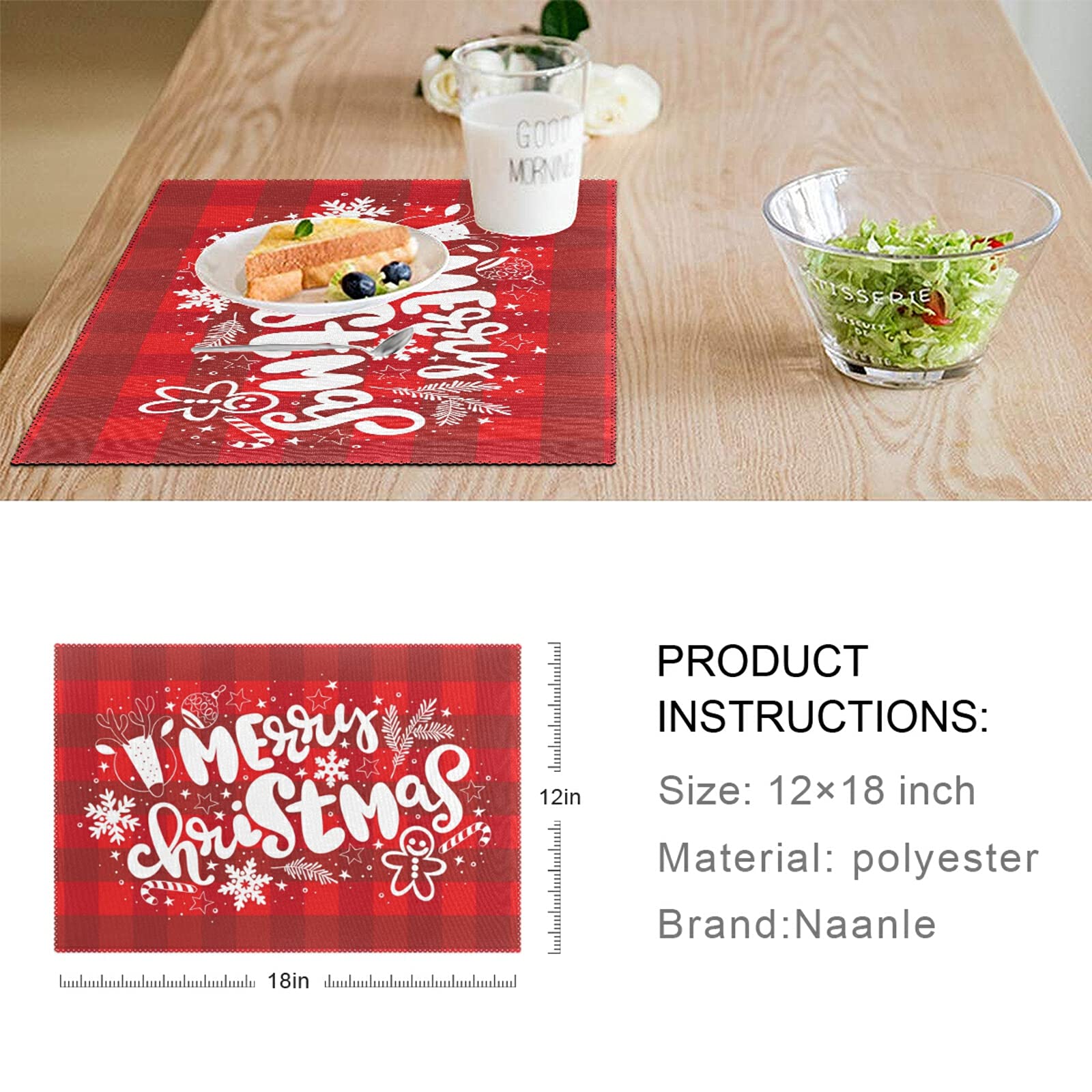 Merry Christmas Placemats Set of 4 - Holiday Plaid Non-Slip Heat-Resistant Washable Table Mats for Kitchen & Dining - 12