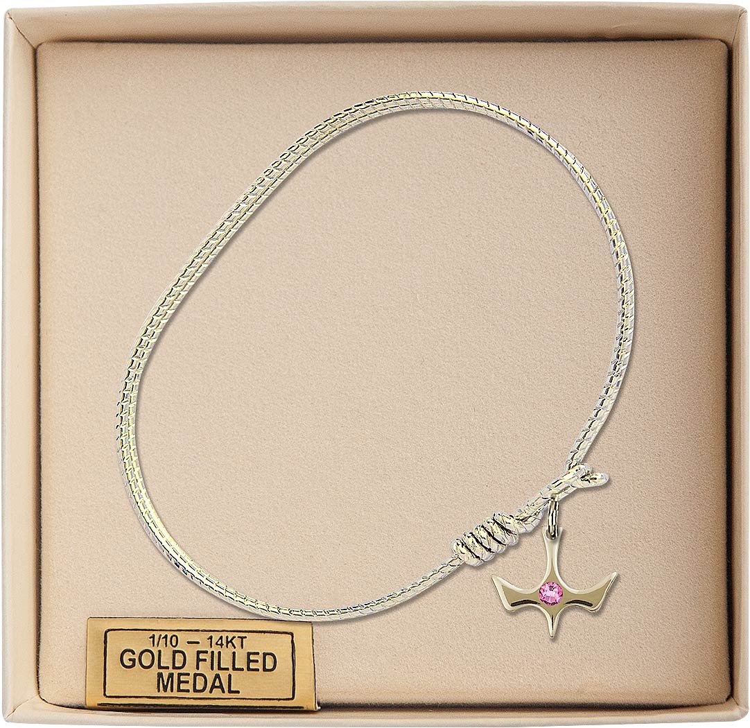 6 1/4 Inch Oval Eye Hook Bangle Bracelet with Holy Spirit Medal Charm & Rose Crystal - Elegant Religious Jewelry for Women, Perfect for Church, Weddings & Daily Wear