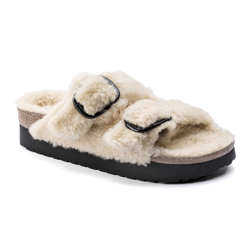Birkenstock Arizona Big Buckle Shearling Sandals for Women - Soft Teddy Eggshell Color - Comfortable Orthopedic Footbed - Perfect for Casual Wear, Home & Travel