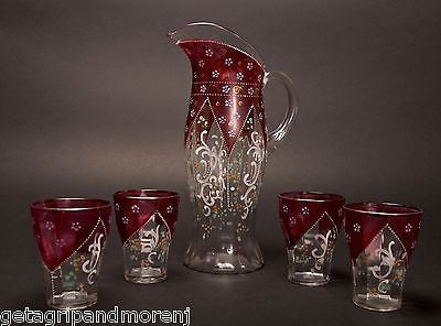 Hand-Painted Czech Bohemian Glass Pitcher and 4 Glasses Set - Red Floral Design for Wine, Juice & Water - Perfect for Parties, Weddings & Home Decor