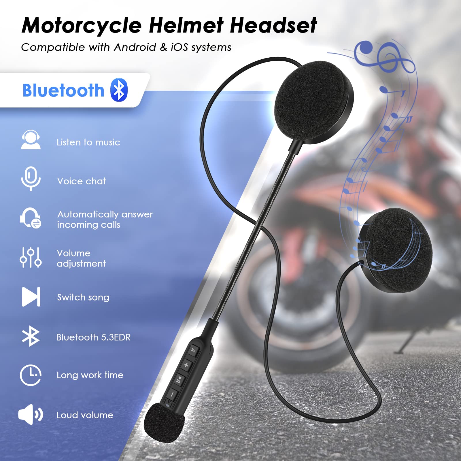 Motorcycle Helmet Bluetooth 5.3 Headset with 900mAh Battery - Wireless Headphones for Hands-Free Calls & Music Control - Auto Answer Feature for Motorcycle Riding, Cycling, Sports & Outdoor Adventures