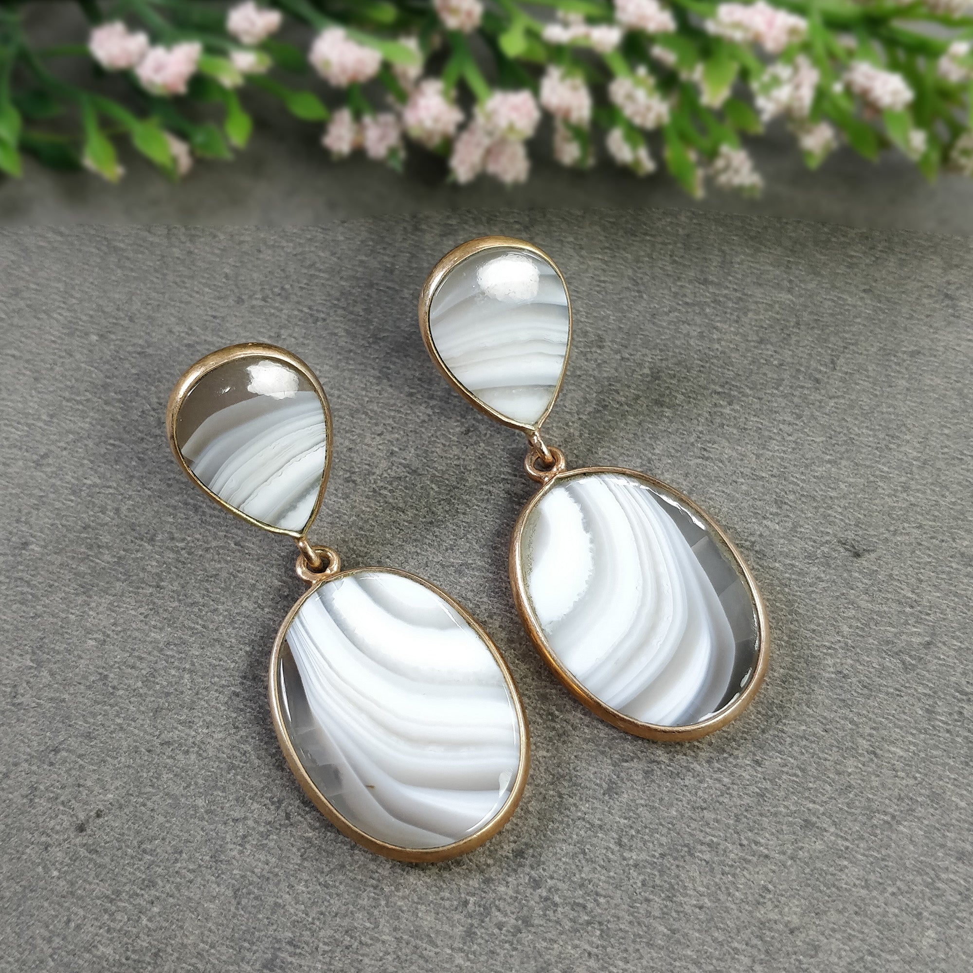 Botswana Agate Gemstone Earrings - 14.32g Natural 925 Sterling Silver Rose Gold Plated Oval Bezel Set Push Back Earrings for Women | Perfect for Weddings, Parties & Everyday Elegance