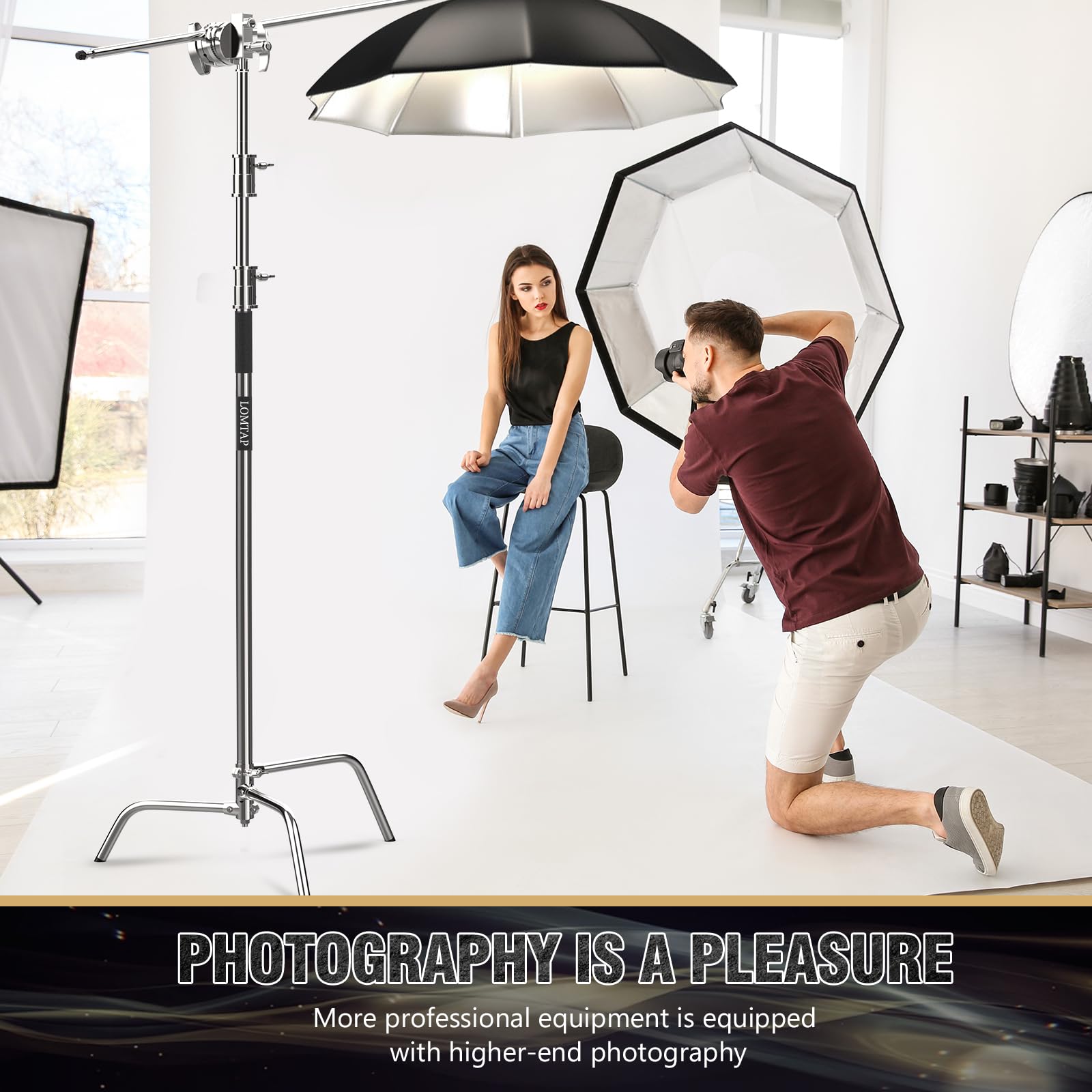 LOMTAP Heavy Duty C Stand Light Stand Kit - 10.8ft Stainless Steel Photography Stand with Boom Arm, Adjustable Base & Sandbag for Studio Lighting, Softbox, Reflector - Perfect for Professional Photography, Videography, and Film Production