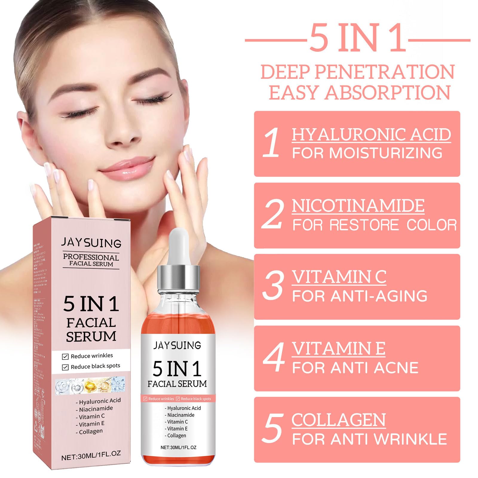 5 in 1 Anti-Aging Facial Serum with 30% Vitamin C, Niacinamide & Hyaluronic Acid - Hydrating Collagen Boost Serum Reduces Wrinkles & Fine Lines - 1.05 Fl.oz for Glowing Skin Day & Night Care