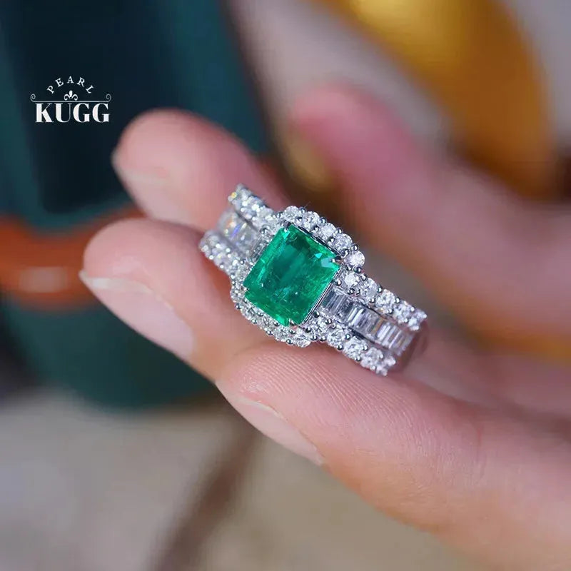 18K White Gold Diamond & Emerald Ring for Women | Luxury Shiny Design | 100% Real Natural Gemstones | Perfect for Parties, Weddings & Special Occasions
