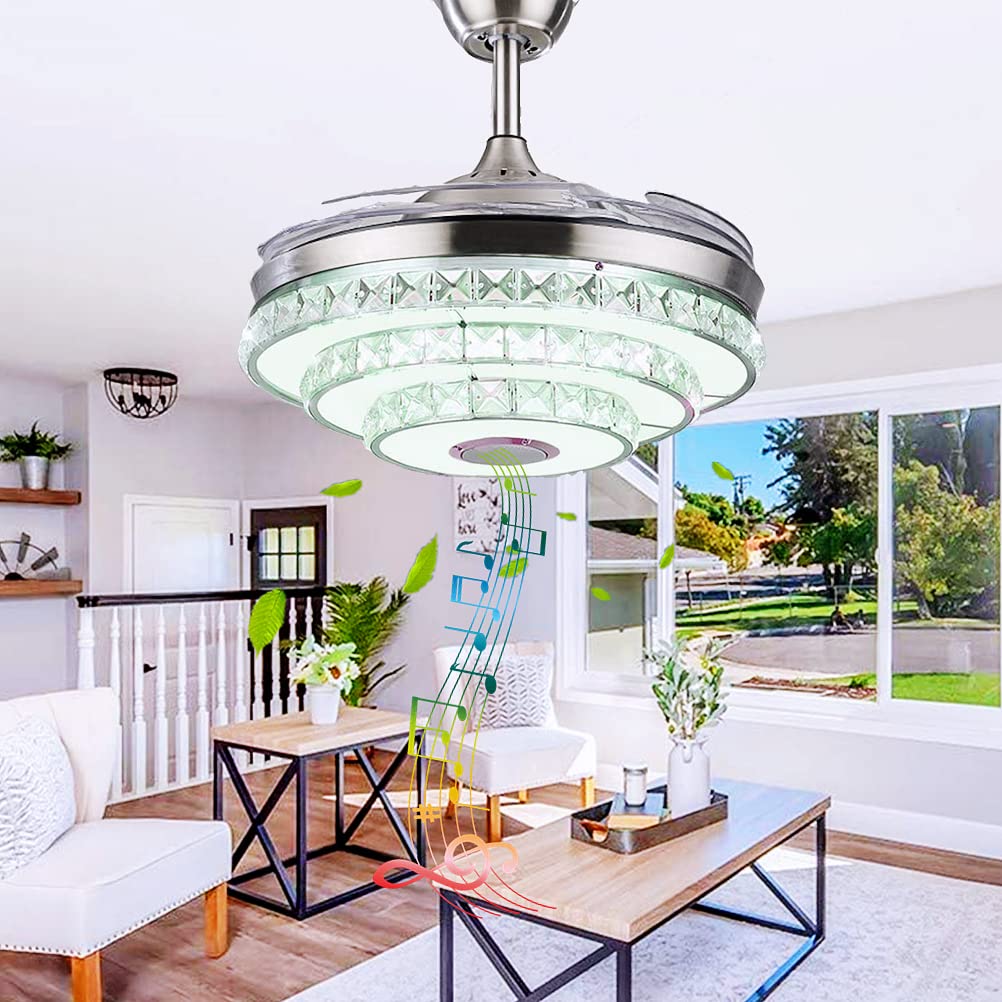 RuiWing 42 Inch Smart Ceiling Fan with LED Light and Bluetooth Speaker - Modern Crystal Chandelier Fan with 7 Color Changing Lights, Retractable Blades, Remote Control & 3 Silent Speeds - Perfect for Living Room, Bedroom, and Outdoor Patio