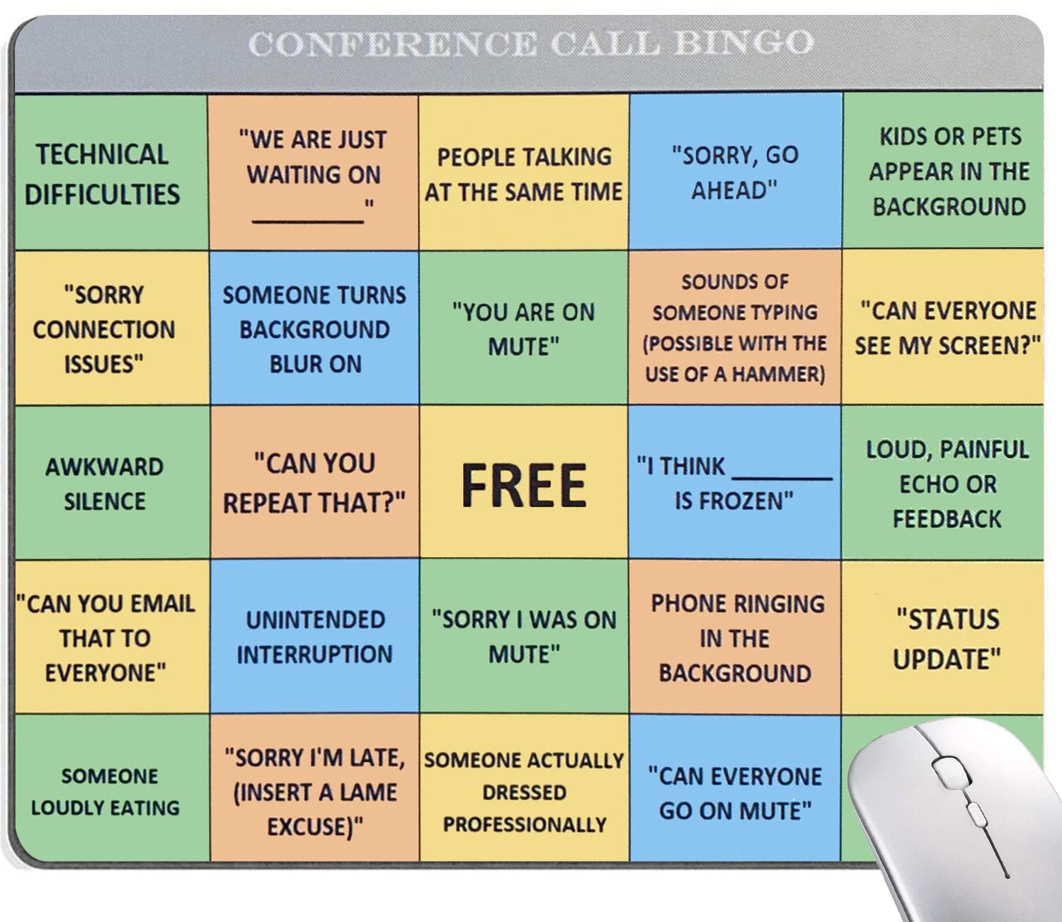 Washable Non-Slip Rubber Mouse Pad for Office Laptop & Wireless Mouse - Square Cloth Computer Mousepad with Conference Call Bingo Design, Perfect Personalized Desk Gift for Work & Gaming